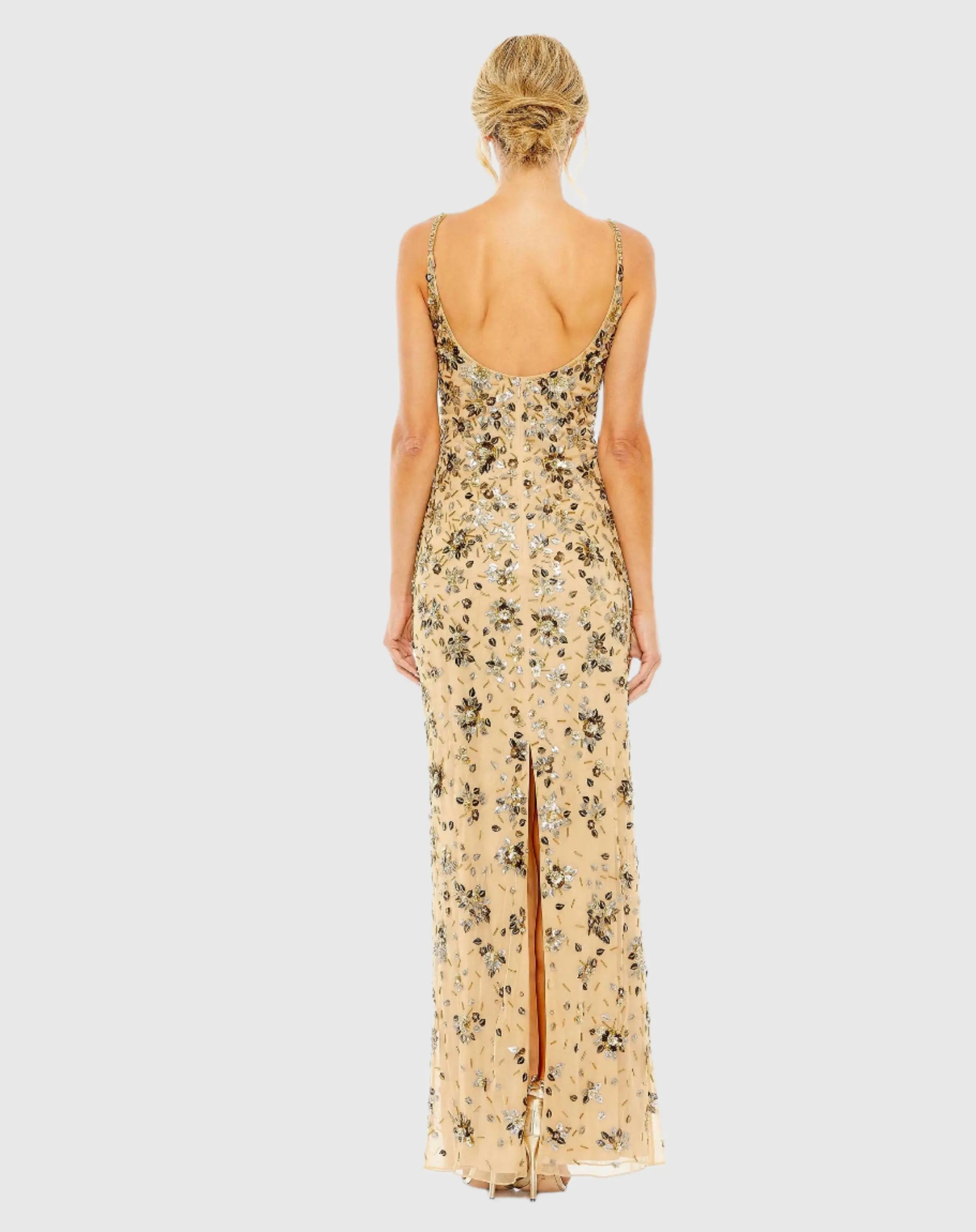 Beige Floral Embellished Scoop Neck Evening Gown - Mac Duggal