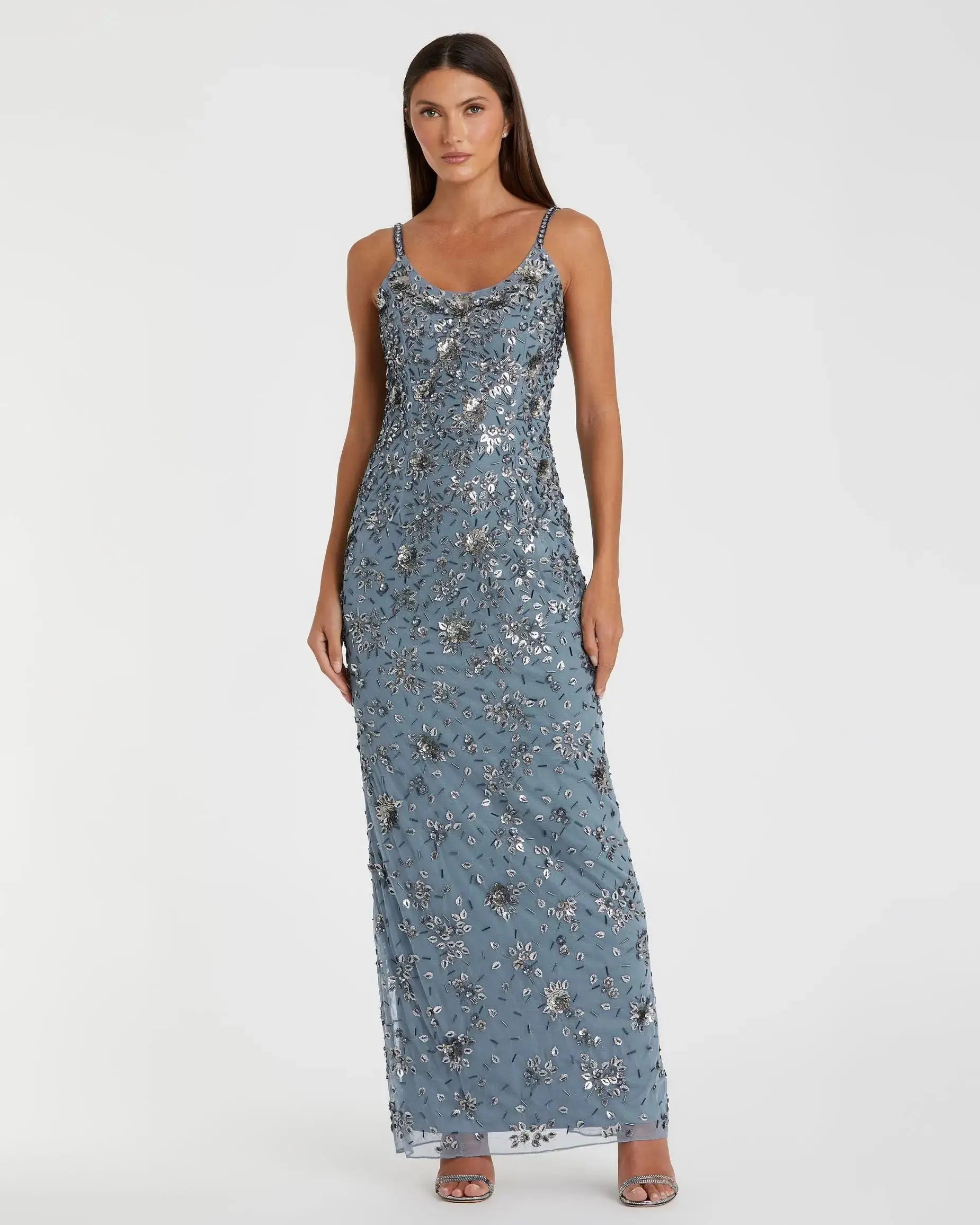 Blue Floral Embellished Scoop Neck Evening Gown - Mac Duggal
