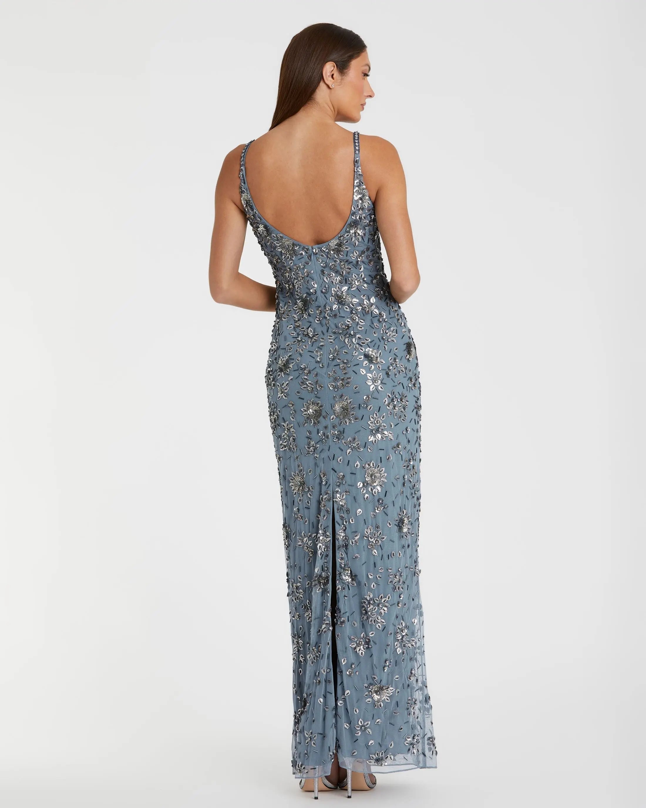 Blue Floral Embellished Scoop Neck Evening Gown - Mac Duggal