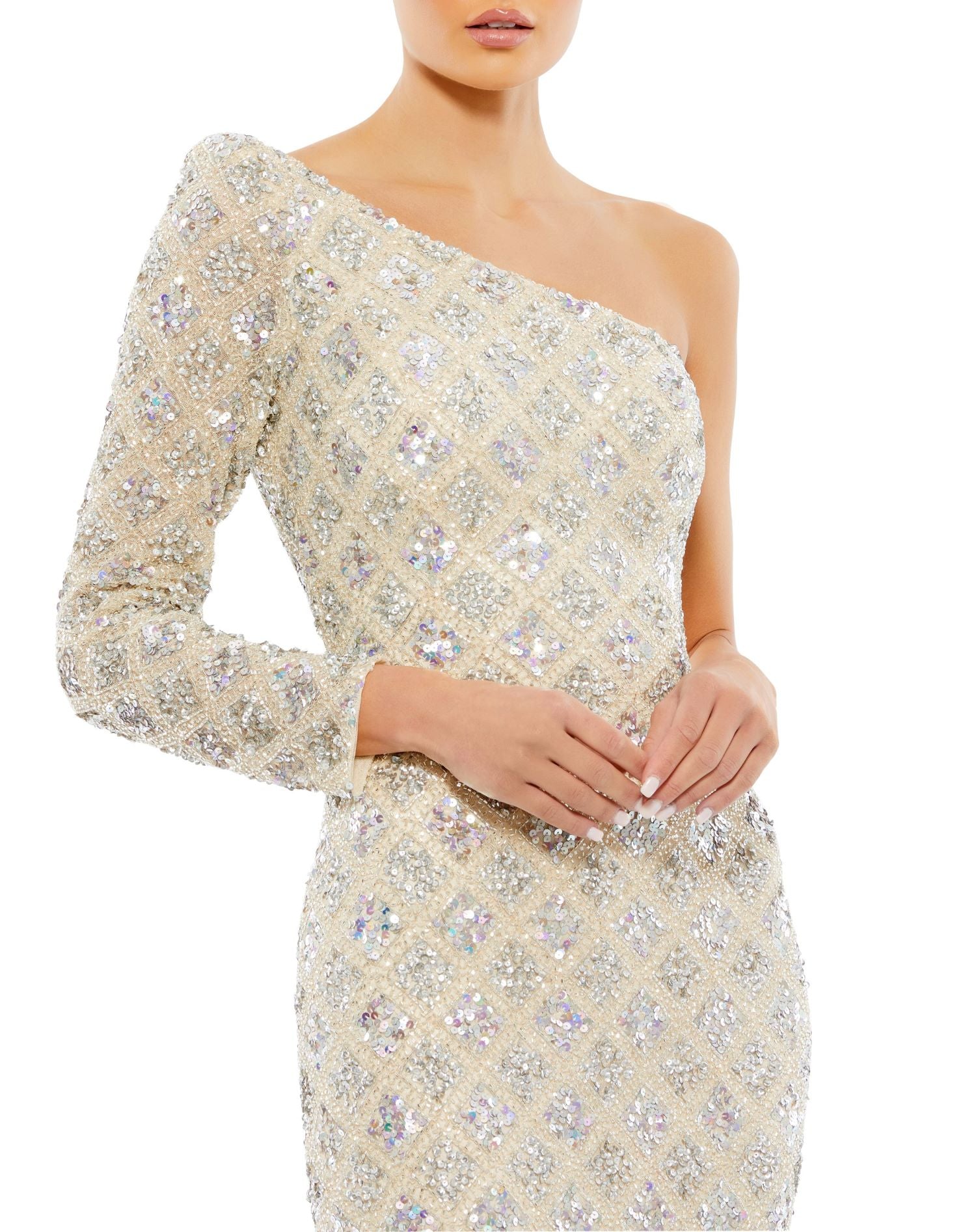 Embellished One Shoulder Asymmetrical Gown