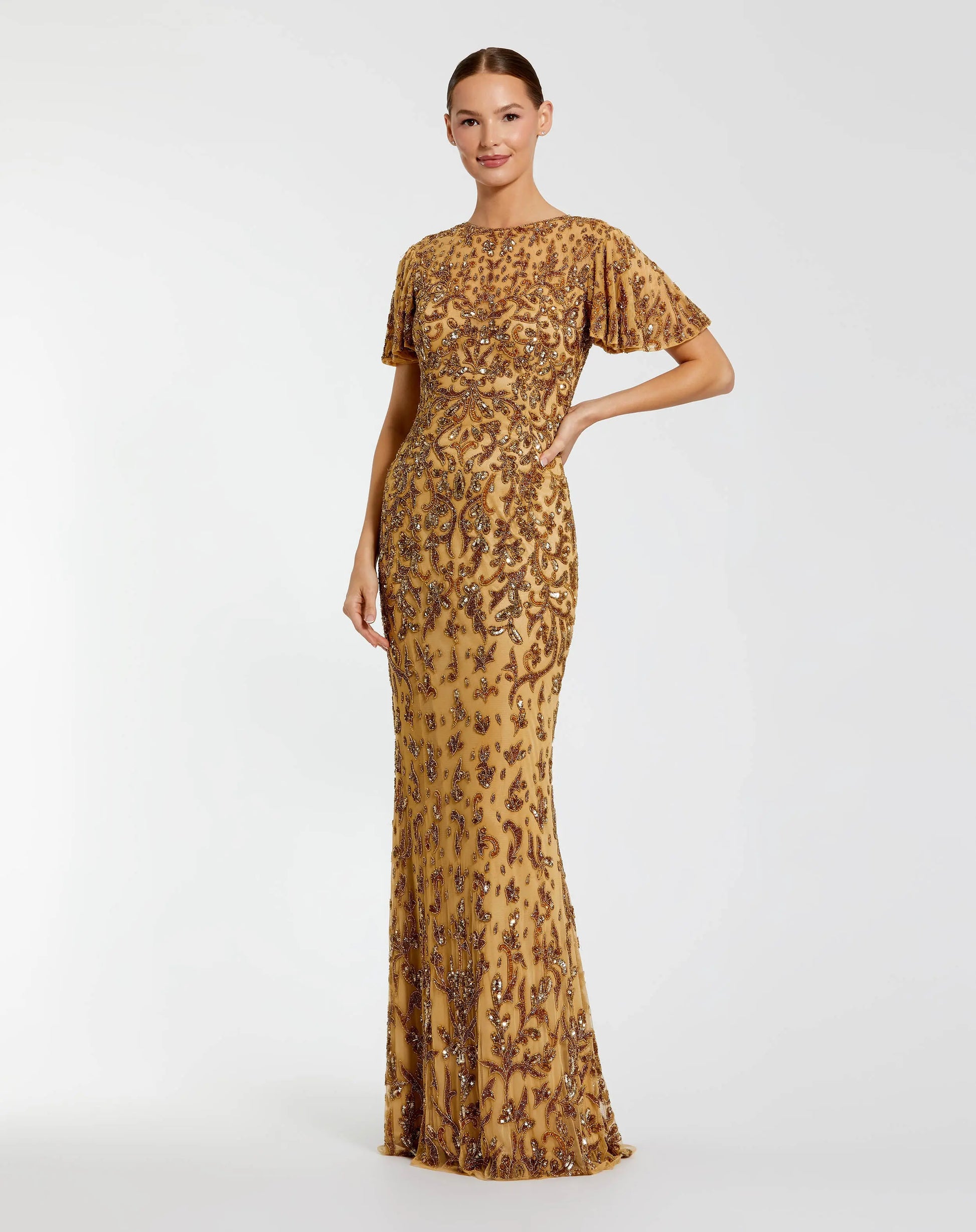 Mac Duggal - Gold Embellished High Neck Flutter Sleeve Gown - Nude Gold / US 16 Mac Duggal - Gold Embellished High Neck Flutter Sleeve Gown - Nude Gold / US 16