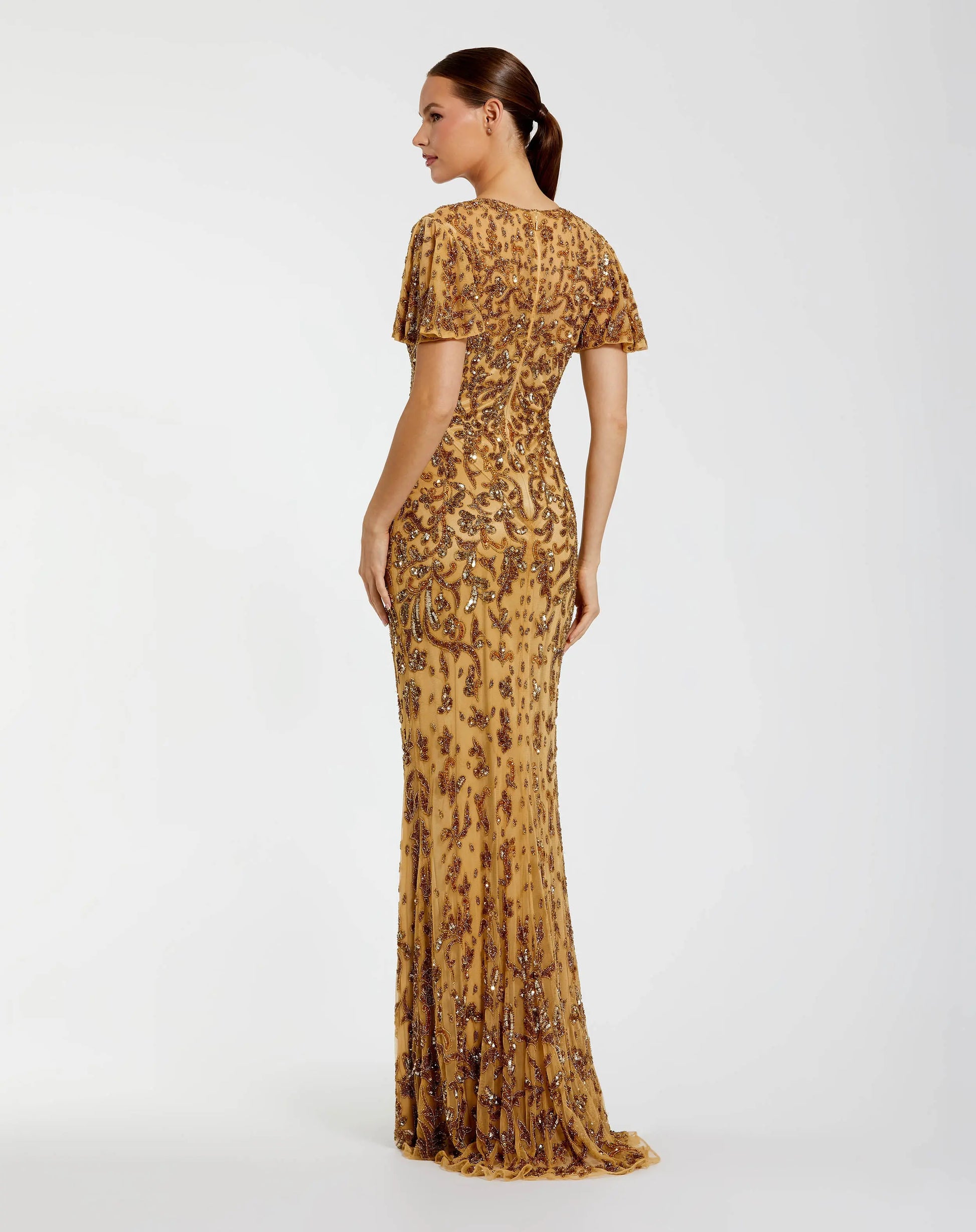 Gold Embellished High Neck Flutter Sleeve Gown - Mac Duggal