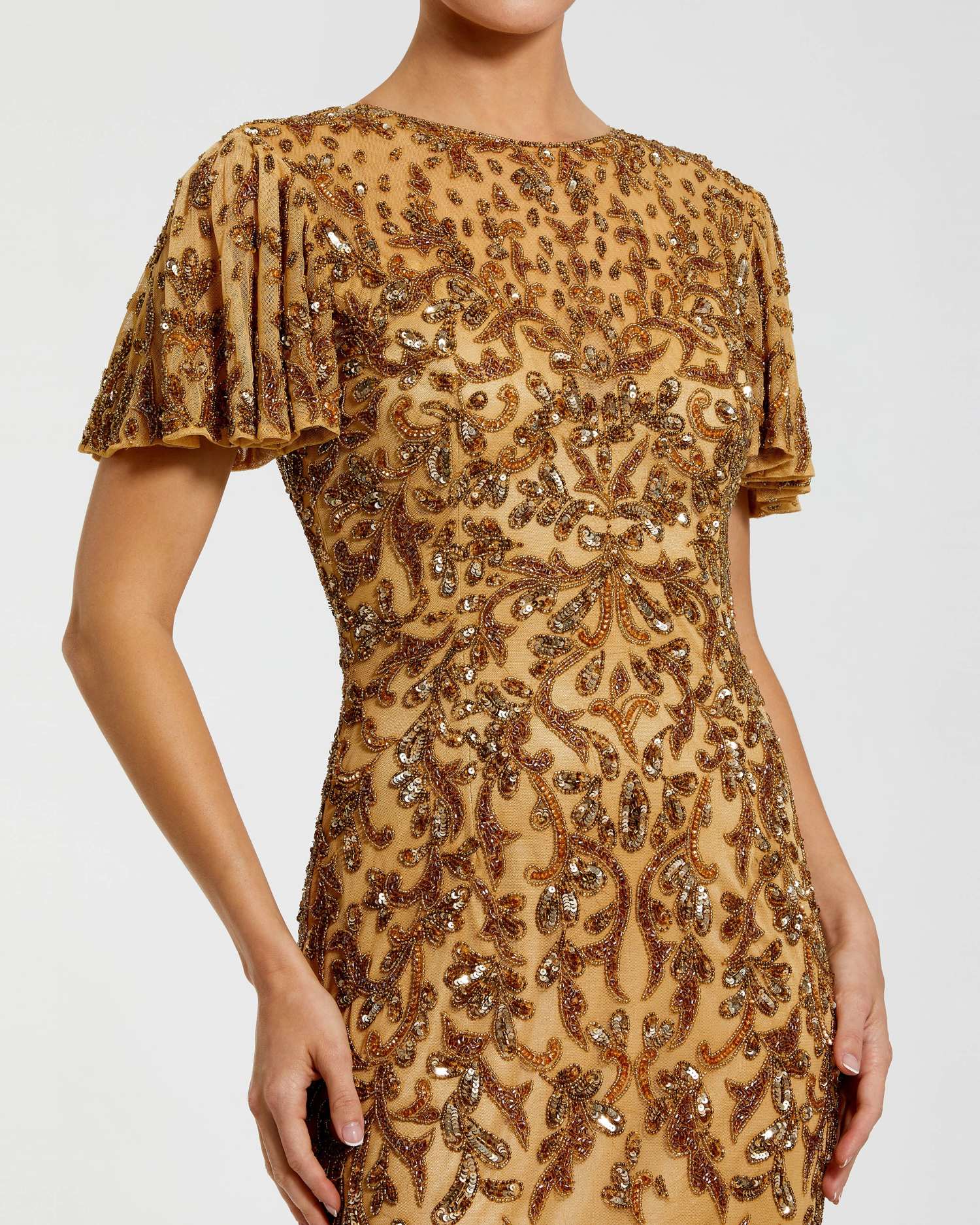 Mac Duggal - Gold Embellished High Neck Flutter Sleeve Gown - Nude Gold / US 16