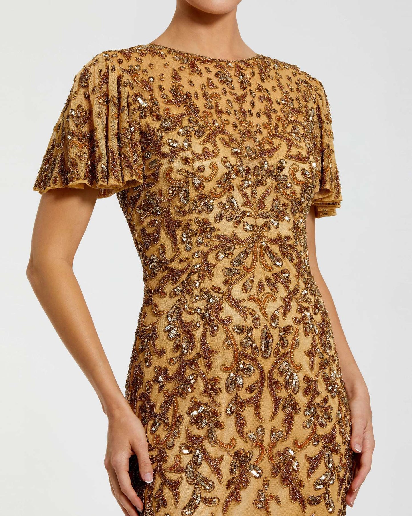 Gold Embellished High Neck Flutter Sleeve Gown - Mac Duggal