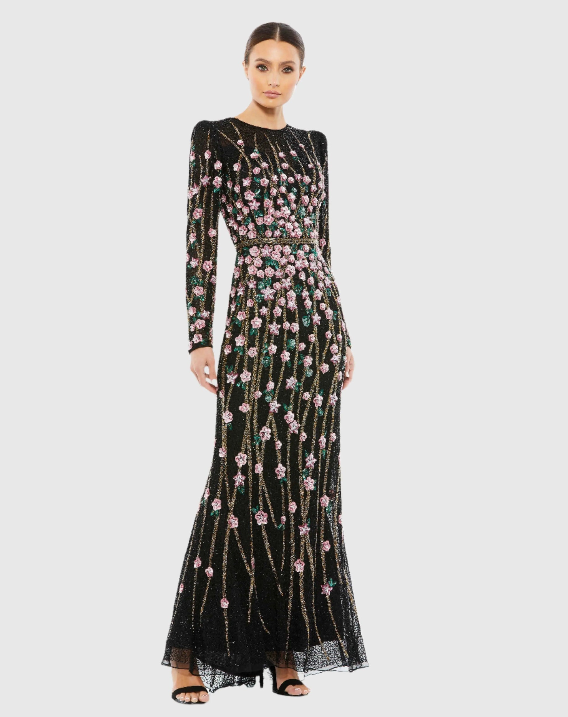 Mac Duggal - Black Embellished High Neck Long Sleeve Gown