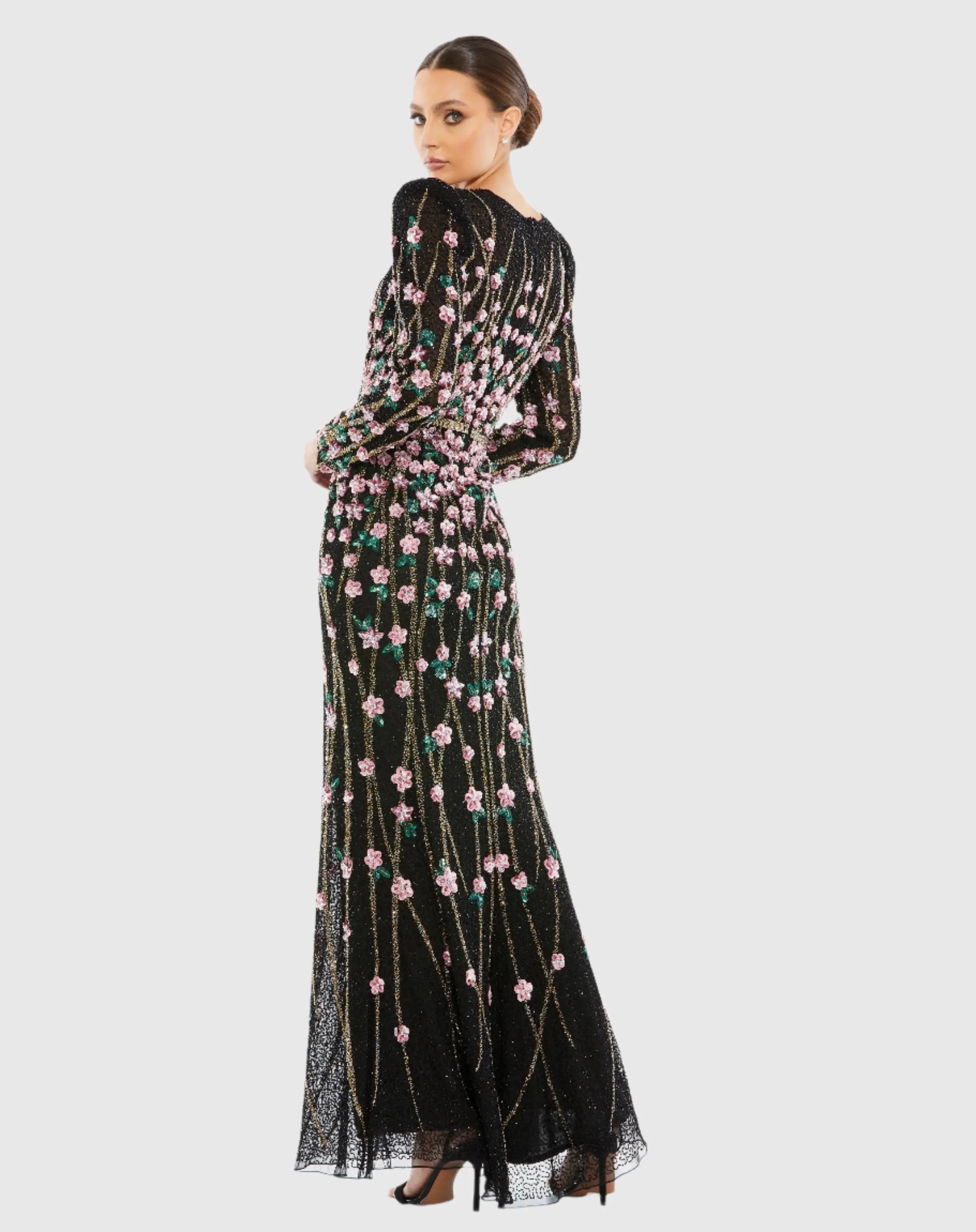 Black Embellished High Neck Long Sleeve Gown - Mac Duggal