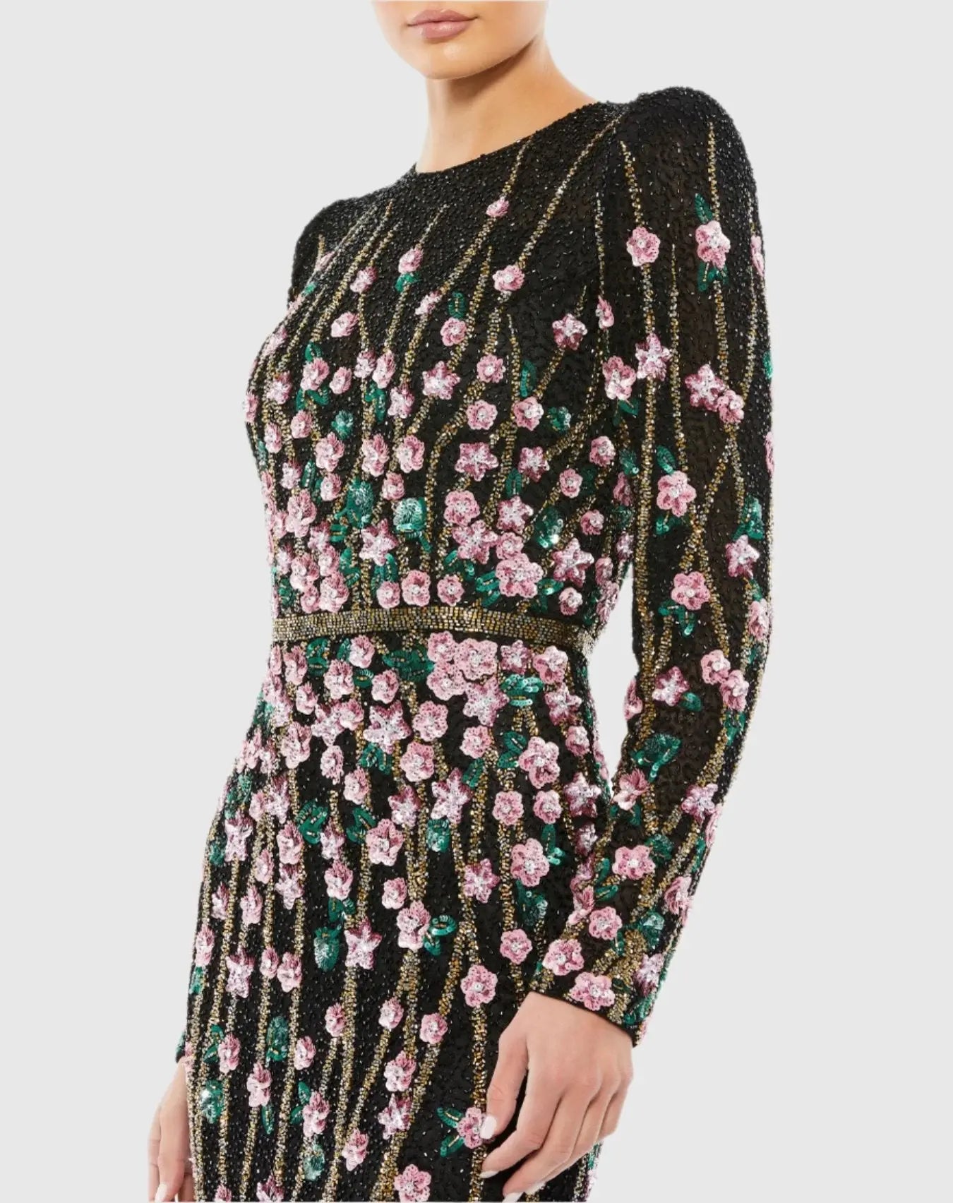 mac duggal black dress long sleeve Mac Duggal Wedding Guest Black Jersey Long Sleeve High Neck Feather Gown Black Size US 14
