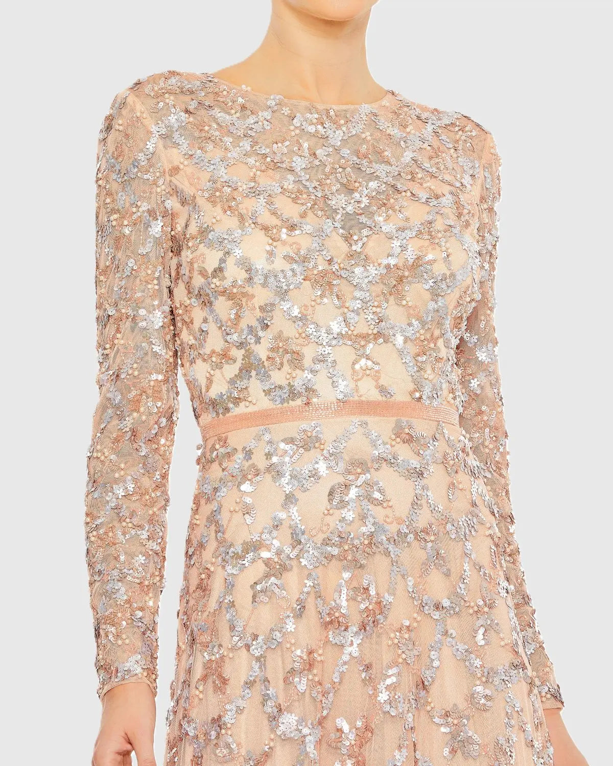 Pink Embellished Illusion High Neck Long Sleeve A Line Gown - Mac Duggal