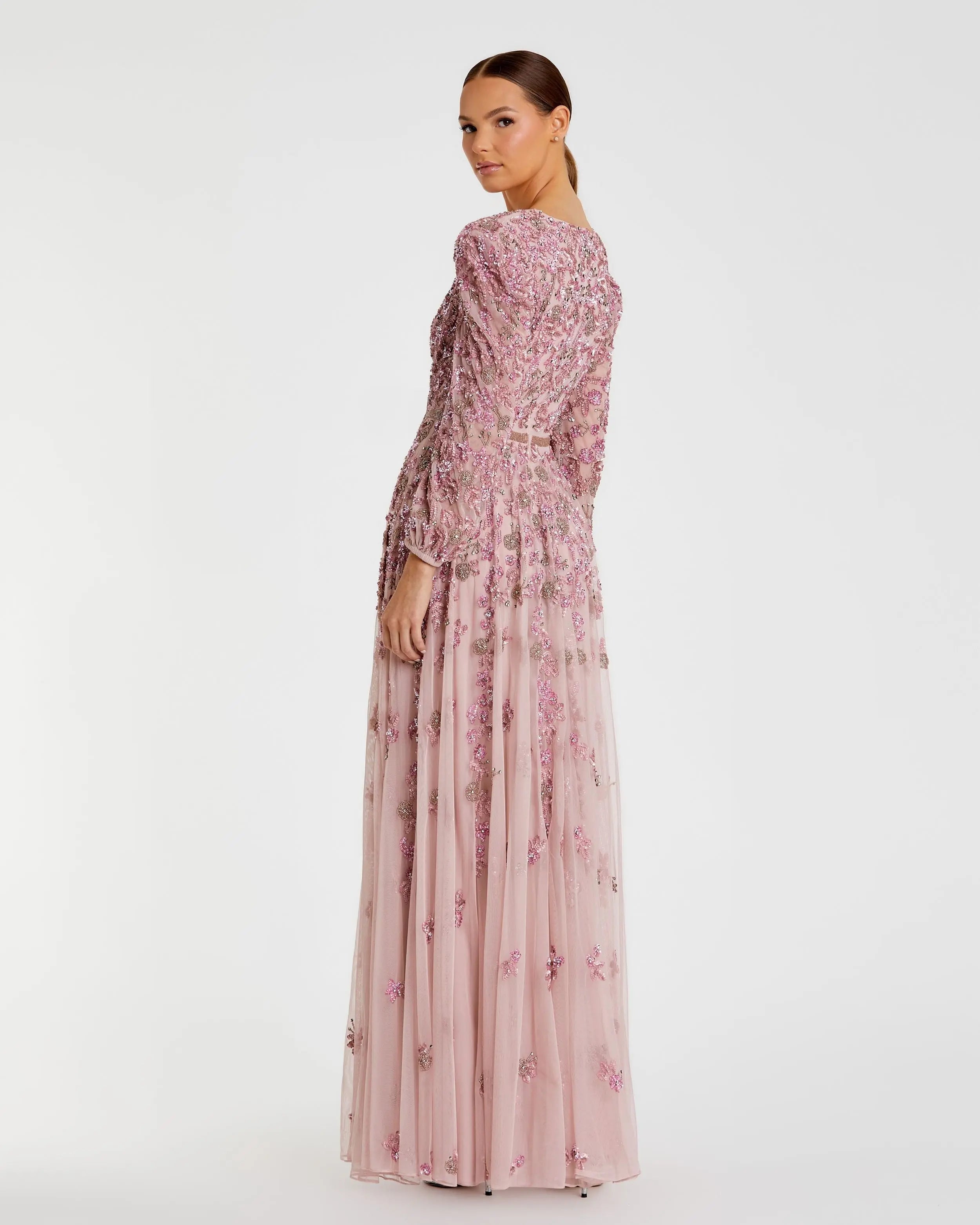 Pink Embellished V Neck Long Sleeve A Line Gown Mac Duggal