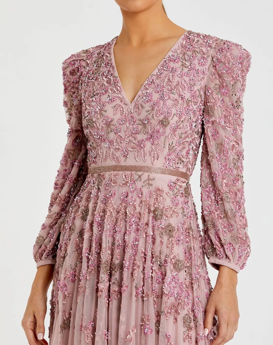 Pink Embellished V Neck Long Sleeve A Line Gown Mac Duggal