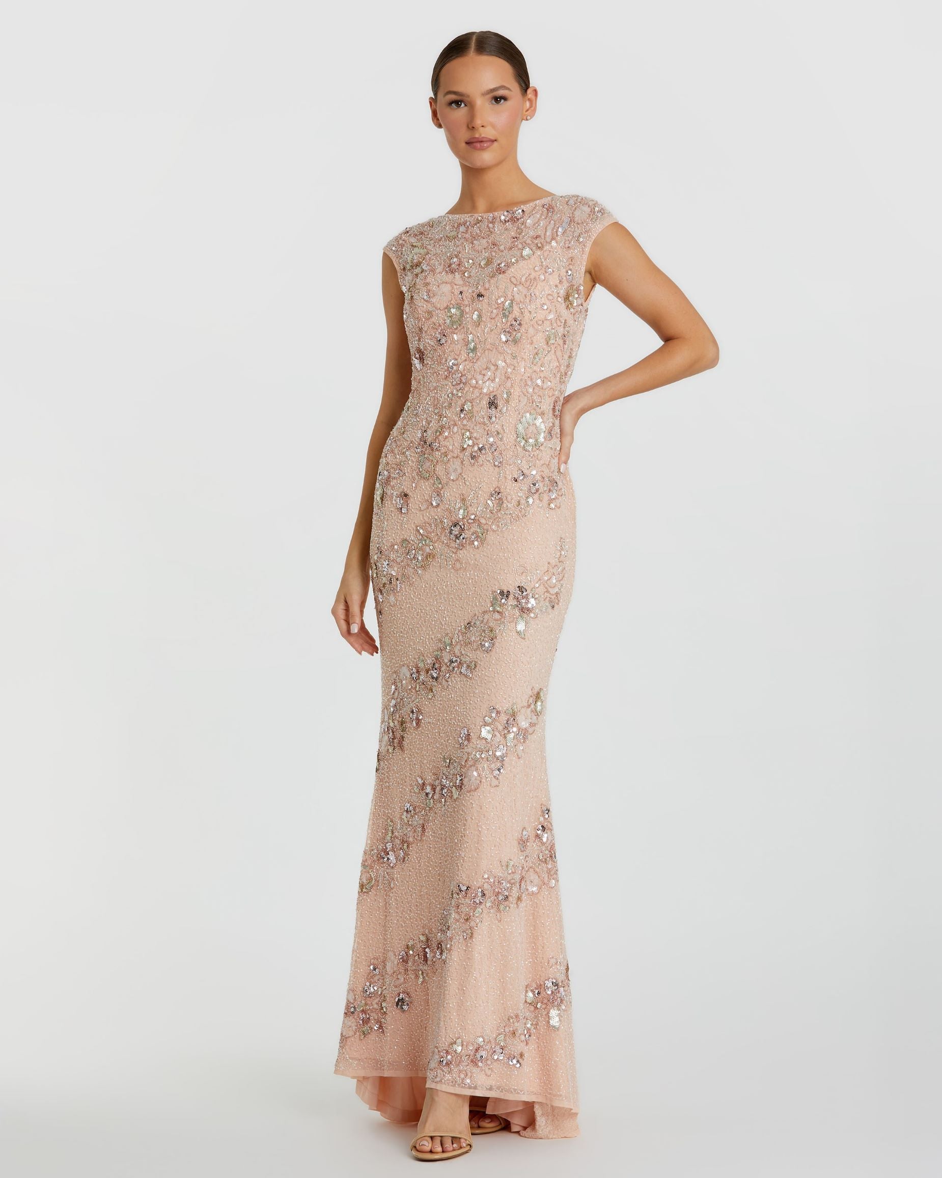 Embellished Bateau Neck Cap Sleeve Gown