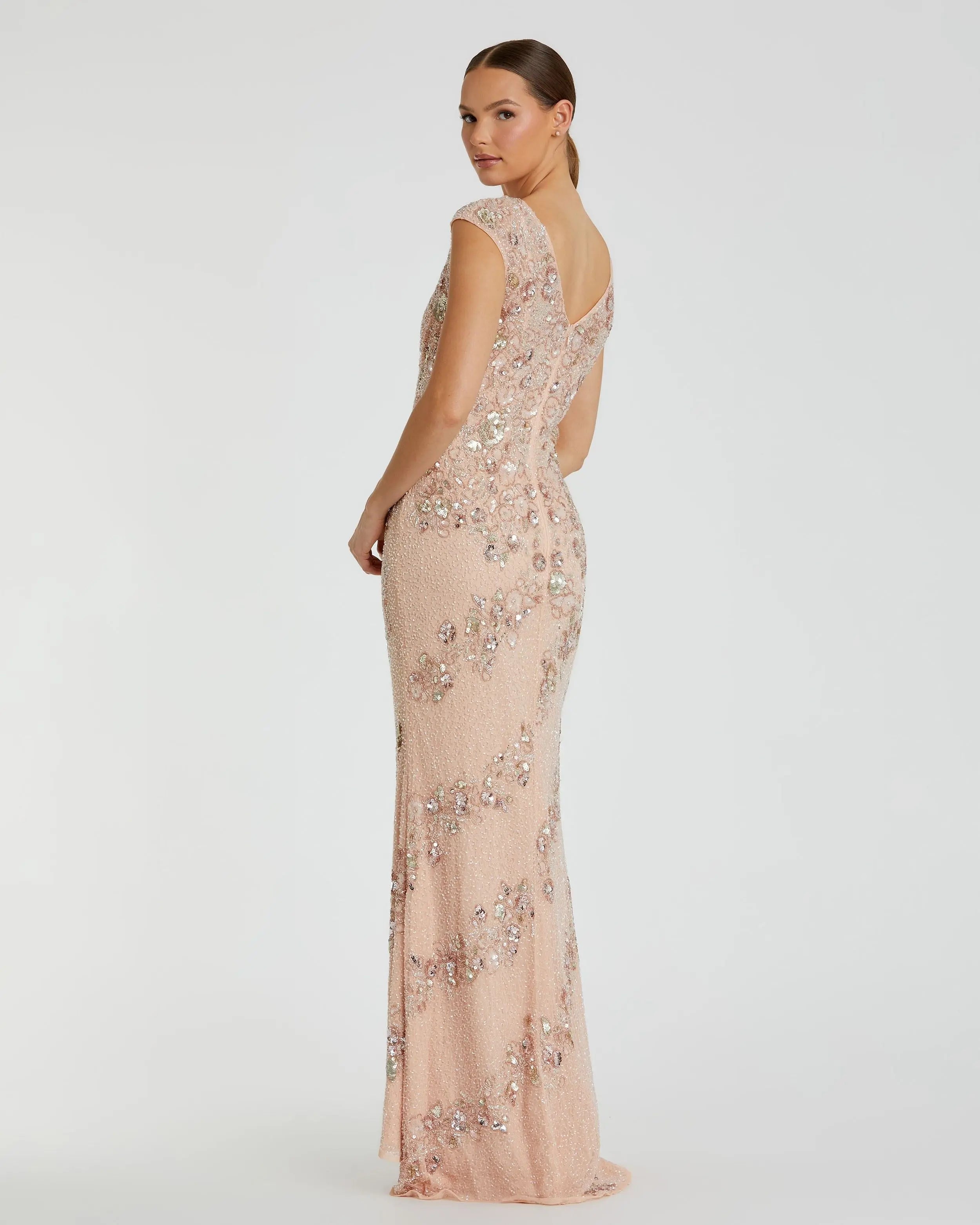 Pink Embellished Bateau Neck Cap Sleeve Floral Beaded Trumpet Gown - Mac Duggal