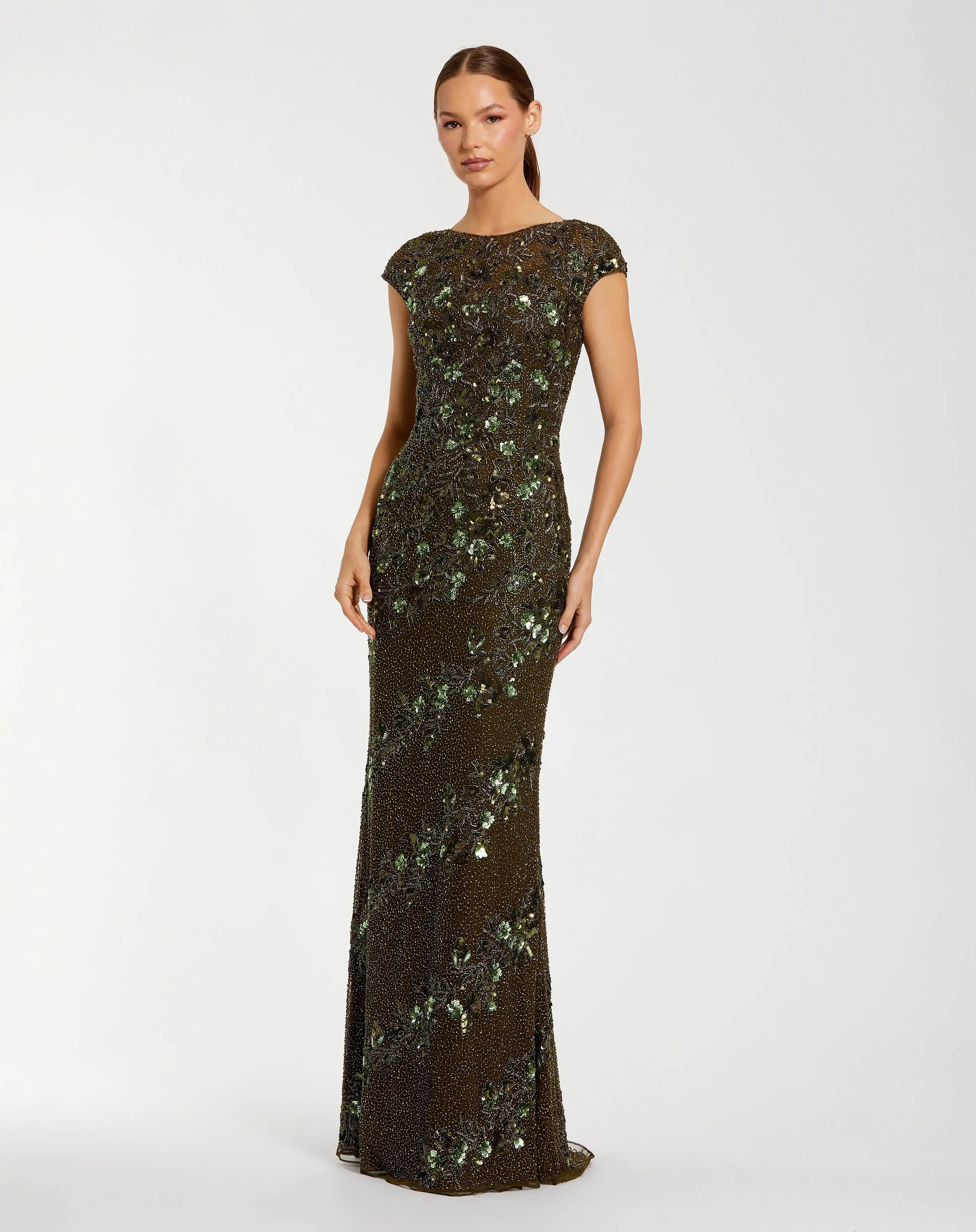 Green Floral Embellished Cap Sleeve Column Gown | Mac Duggal