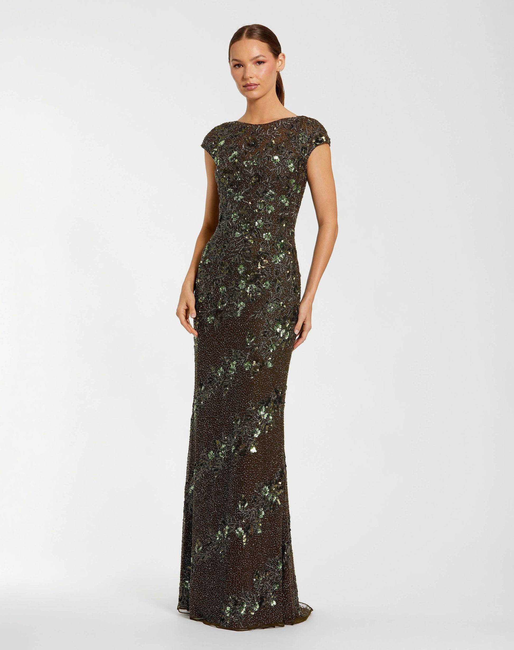 Green Floral Embellished Cap Sleeve Column Gown - Mac Duggal