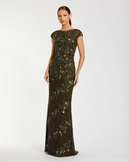 Green Floral Embellished Cap Sleeve Column Gown - Mac Duggal