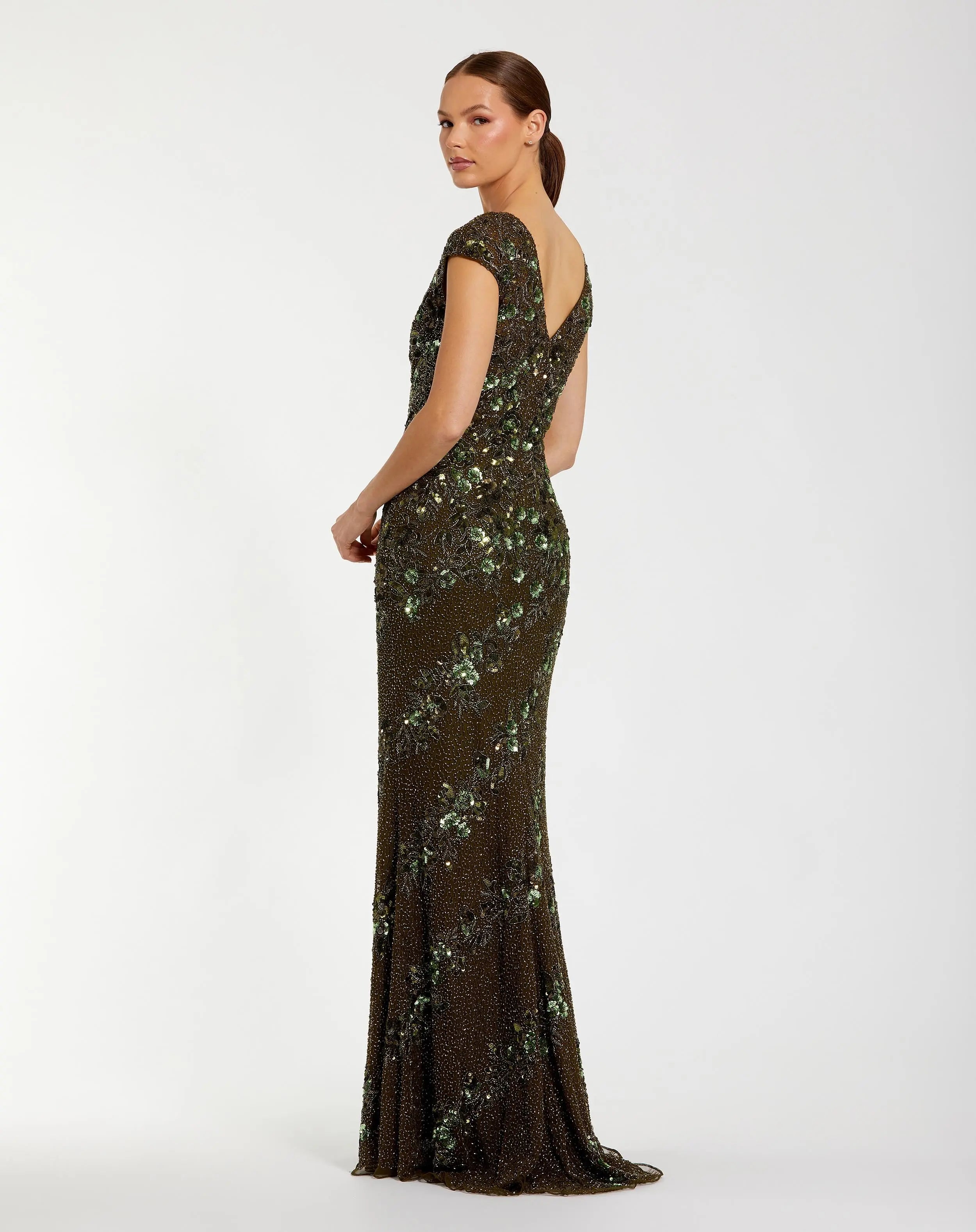 Green Floral Embellished Cap Sleeve Column Gown | Mac Duggal