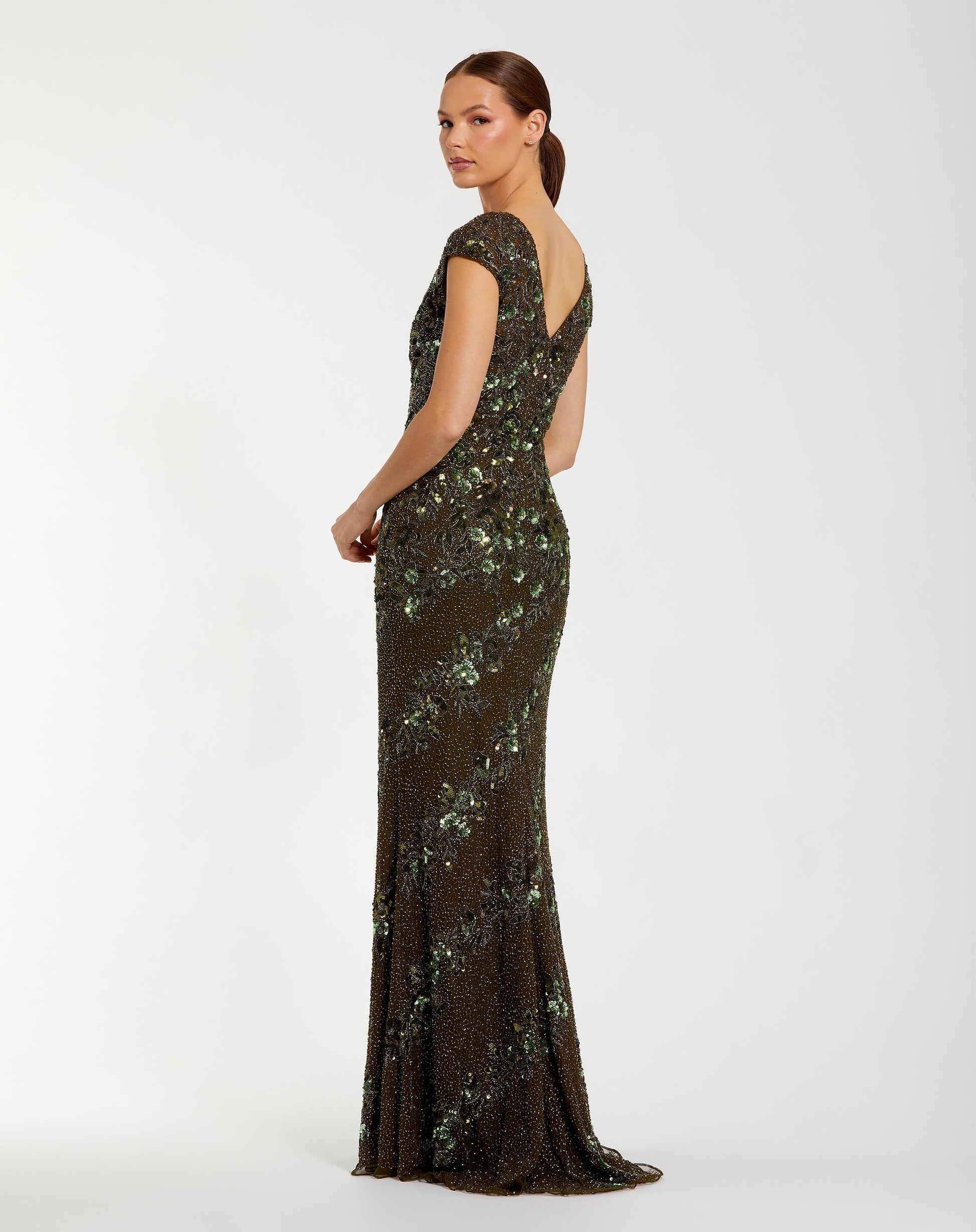 Green Floral Embellished Cap Sleeve Column Gown - Mac Duggal