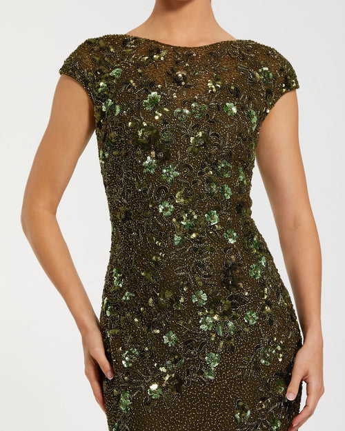 Green Floral Embellished Cap Sleeve Column Gown - Mac Duggal