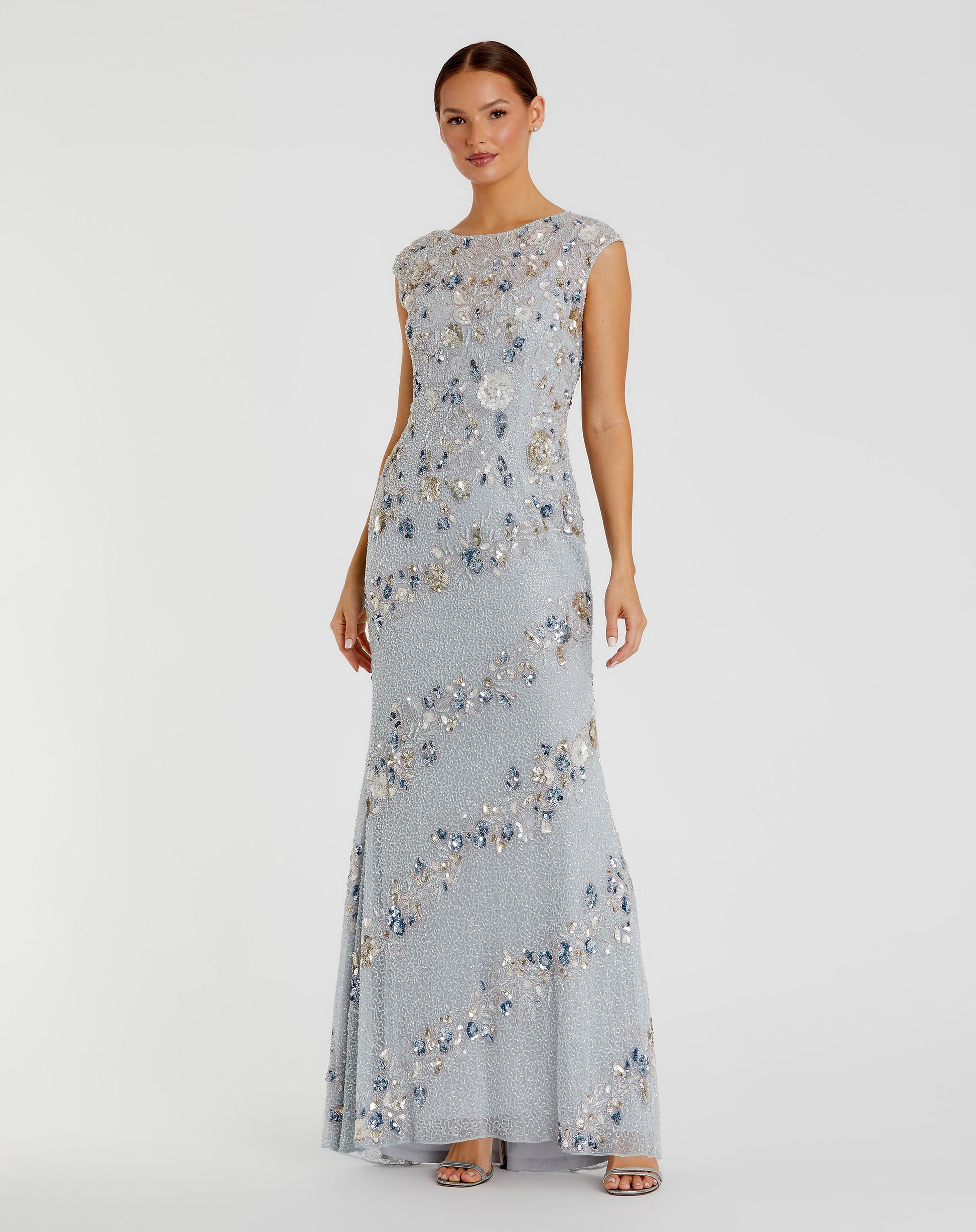 Light Blue Floral Embellished Cap Sleeve Column Gown Mac Duggal