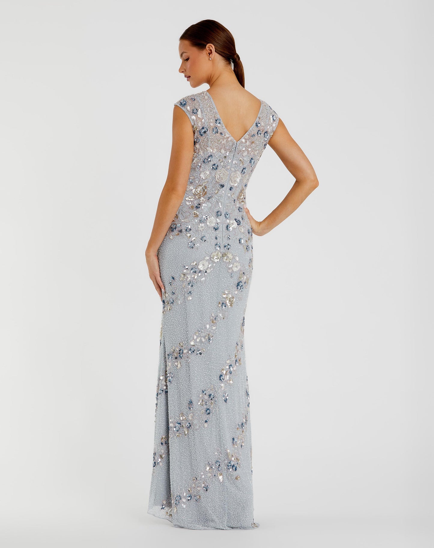 Light Blue Floral Embellished Cap Sleeve Column Gown Mac Duggal
