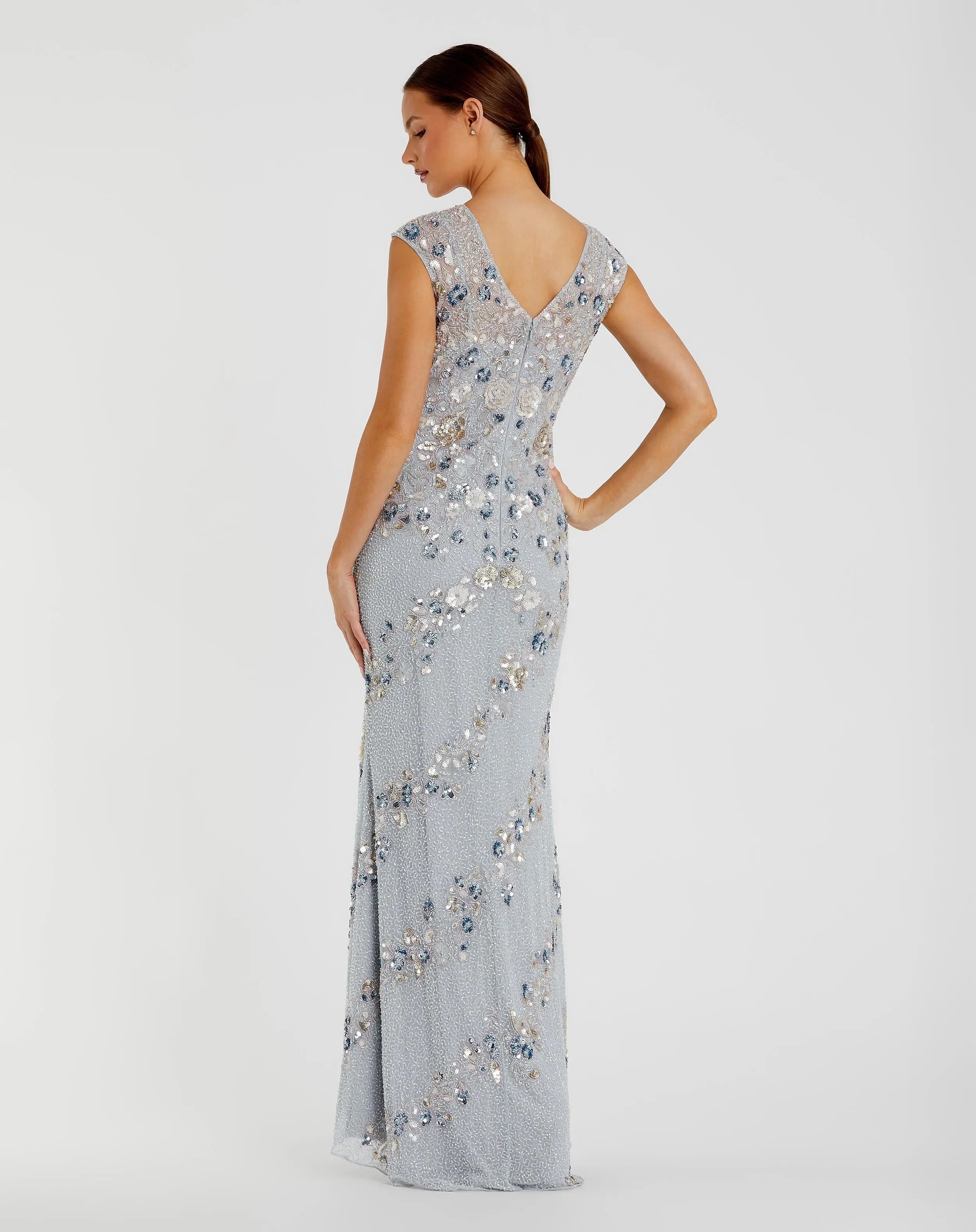 Light Blue Floral Embellished Cap Sleeve Column Gown Mac Duggal