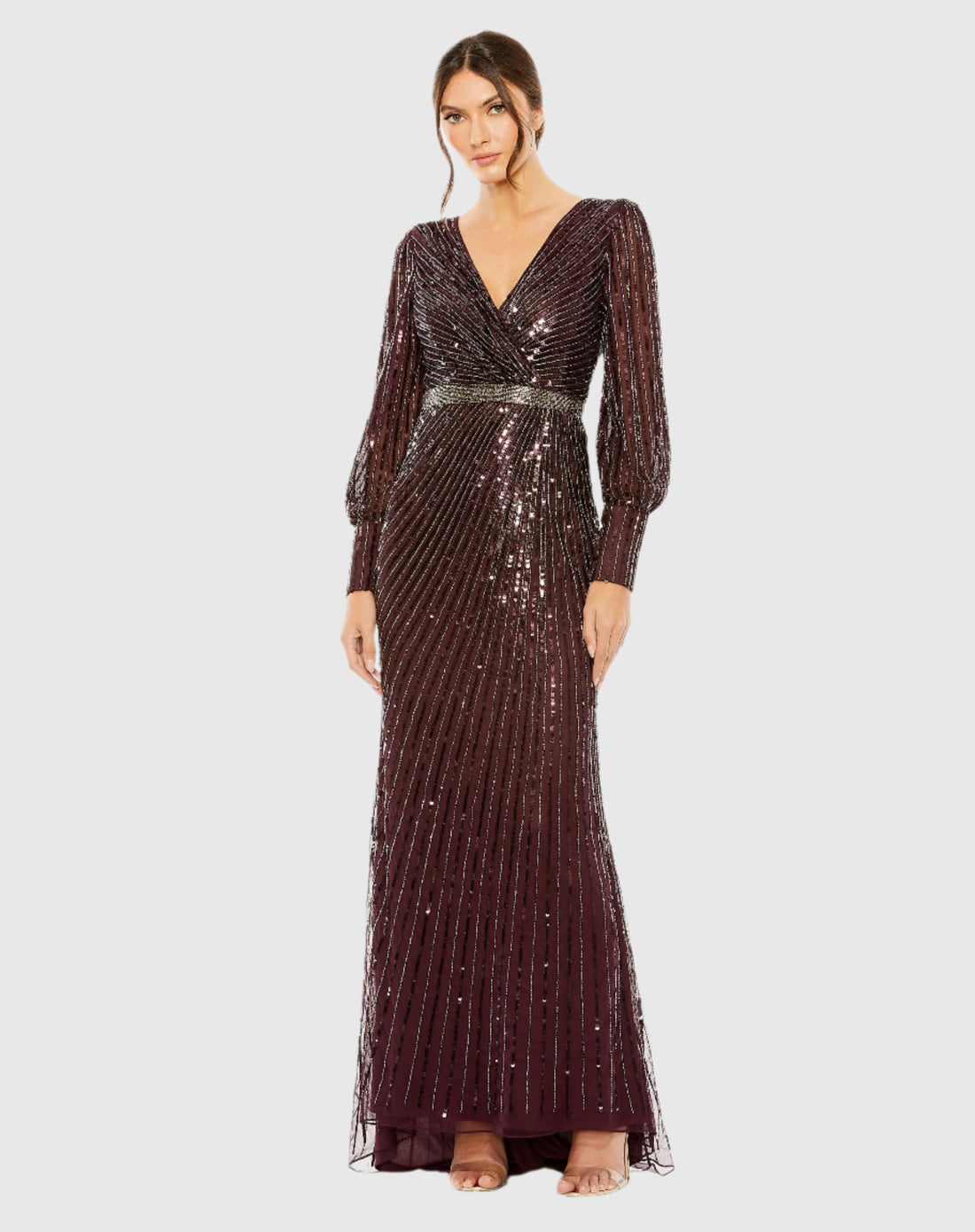 Sequined Wrap Over Bishop Sleeve Gown