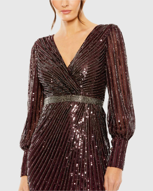 Dark Purple Sequined Wrap Over Bishop Sleeve Gown (Copy)