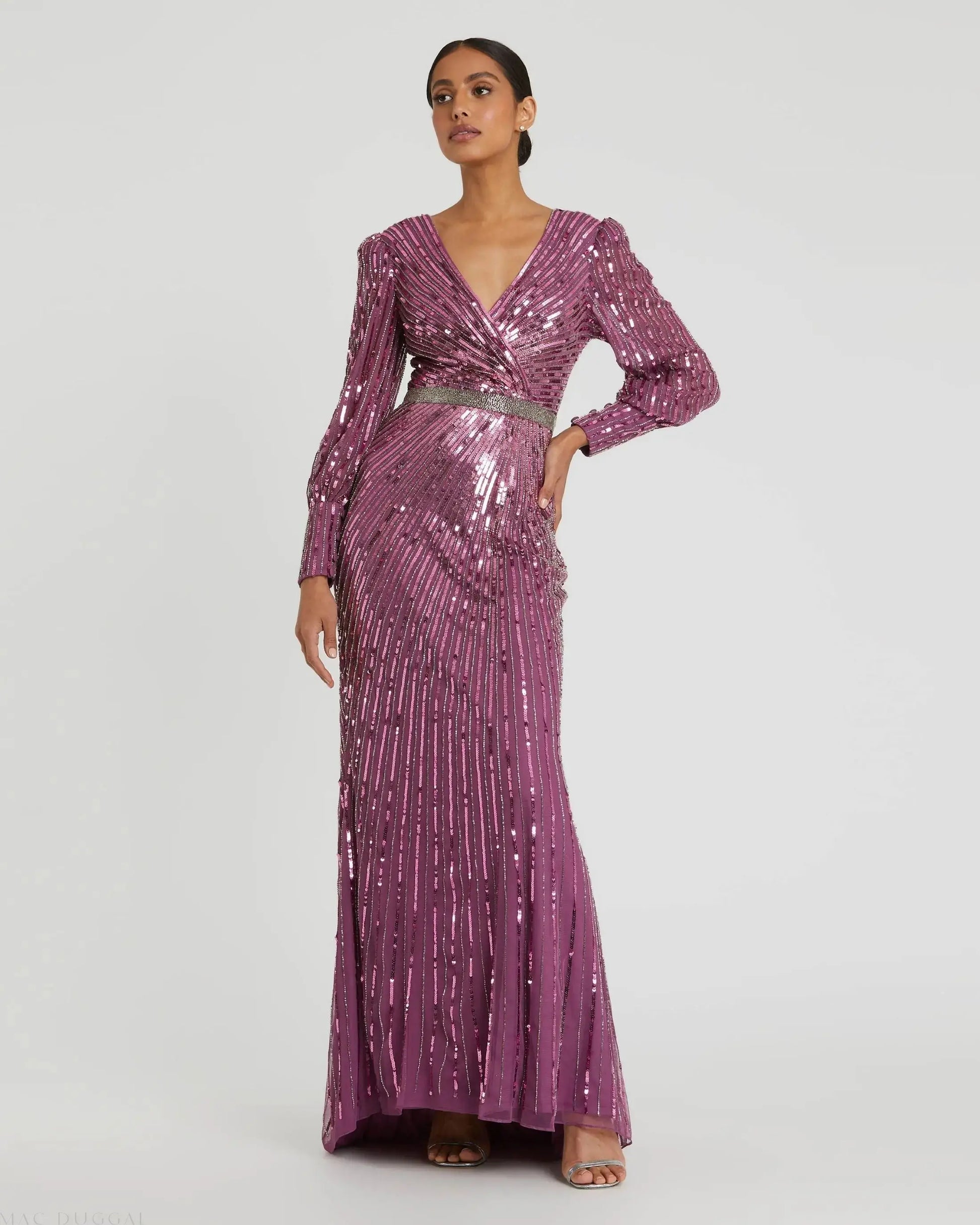 Purple Sequined Wrap Over Bishop Sleeve Gown - Mac Duggal