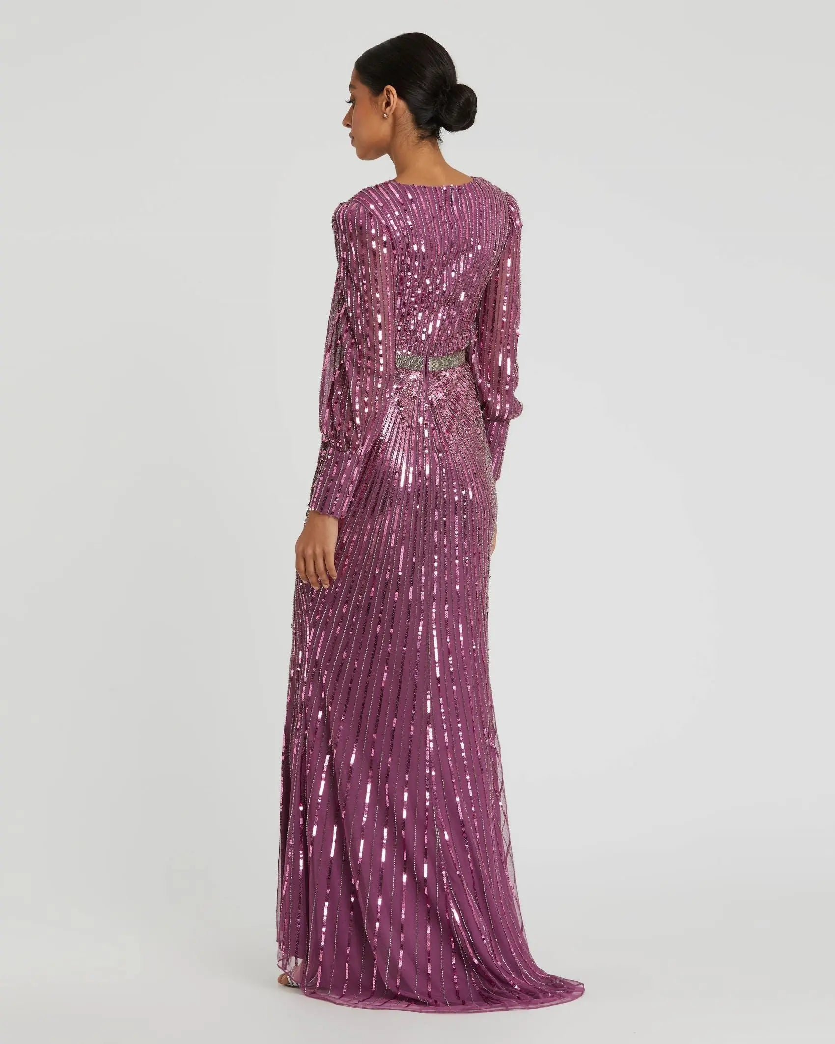 mac duggal purple sequin dress Sequined Wrap Over Bishop Sleeve Dress Mac Duggal