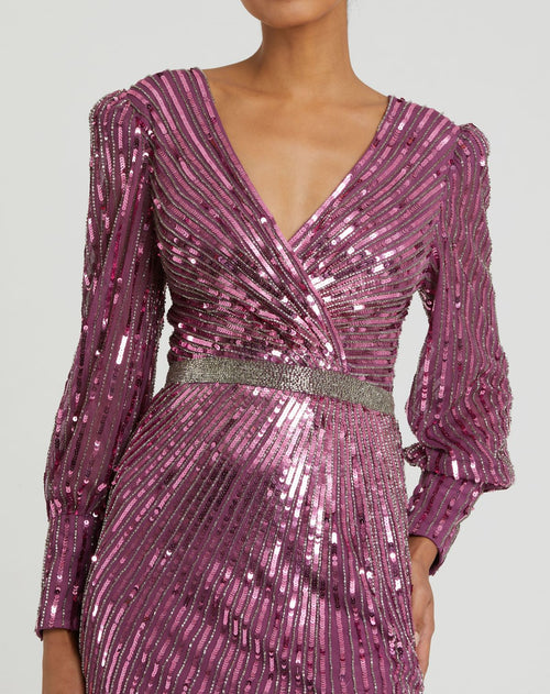 Sequined Wrap Over Bishop Sleeve Gown