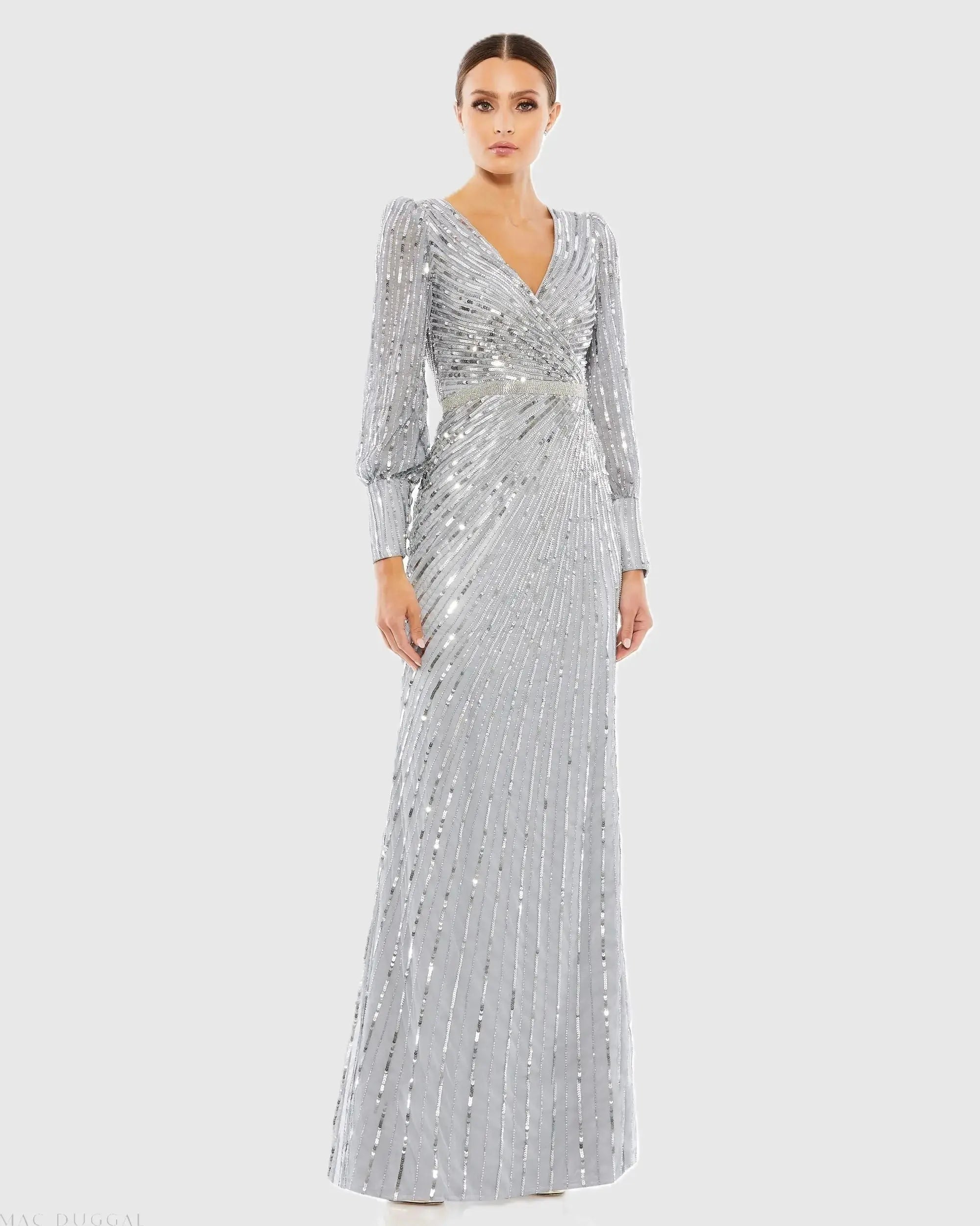 Silver Sequined Wrap Over Bishop Sleeve Gown - Mac Duggal
