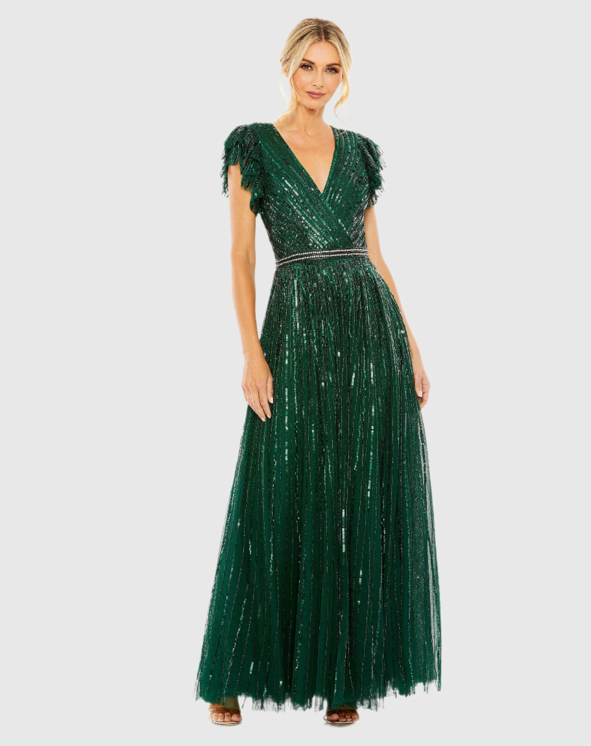 Sequined Wrap Over Ruffled Cap Sleeve Gown