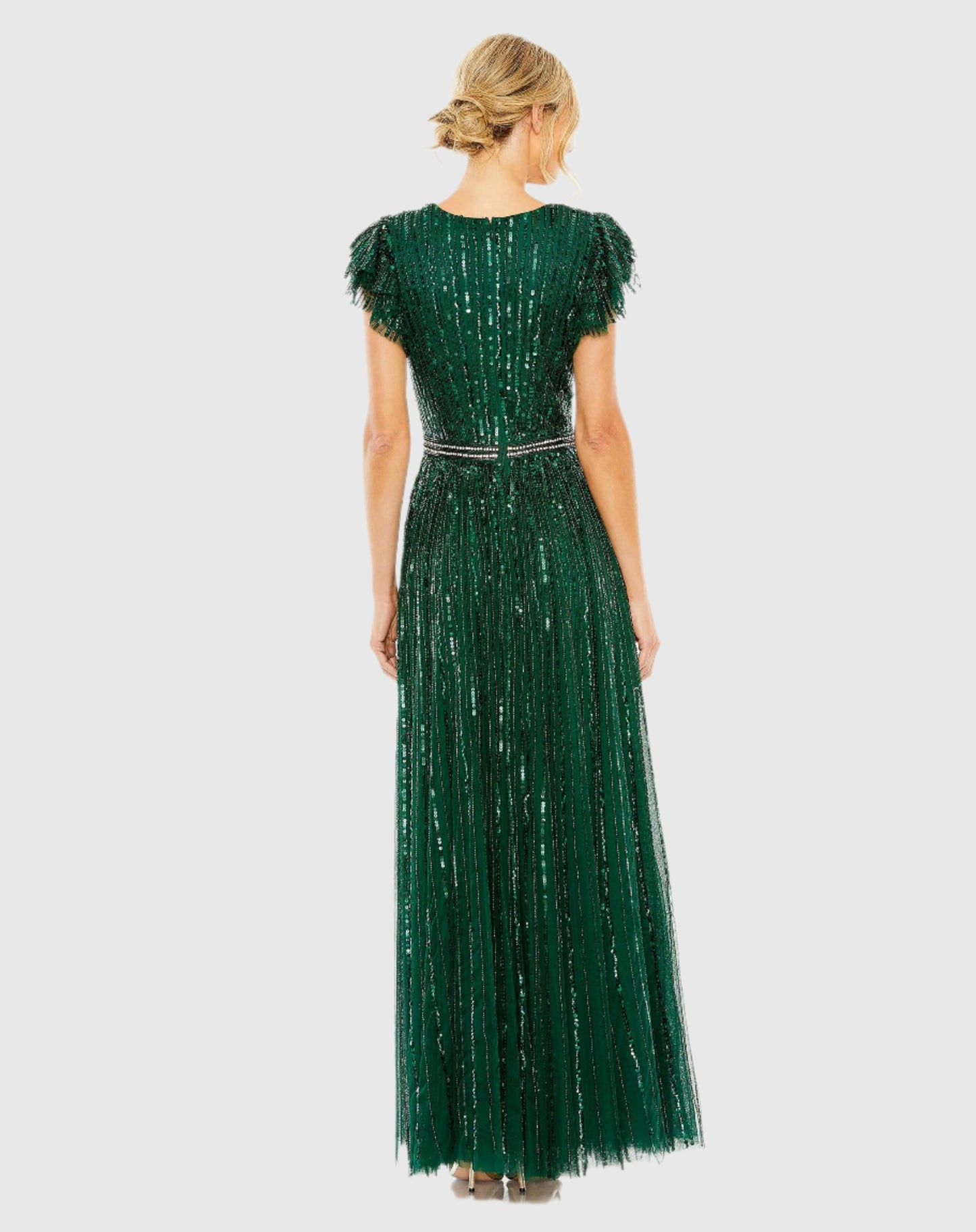 Sequined Wrap Over Ruffled Cap Sleeve Gown