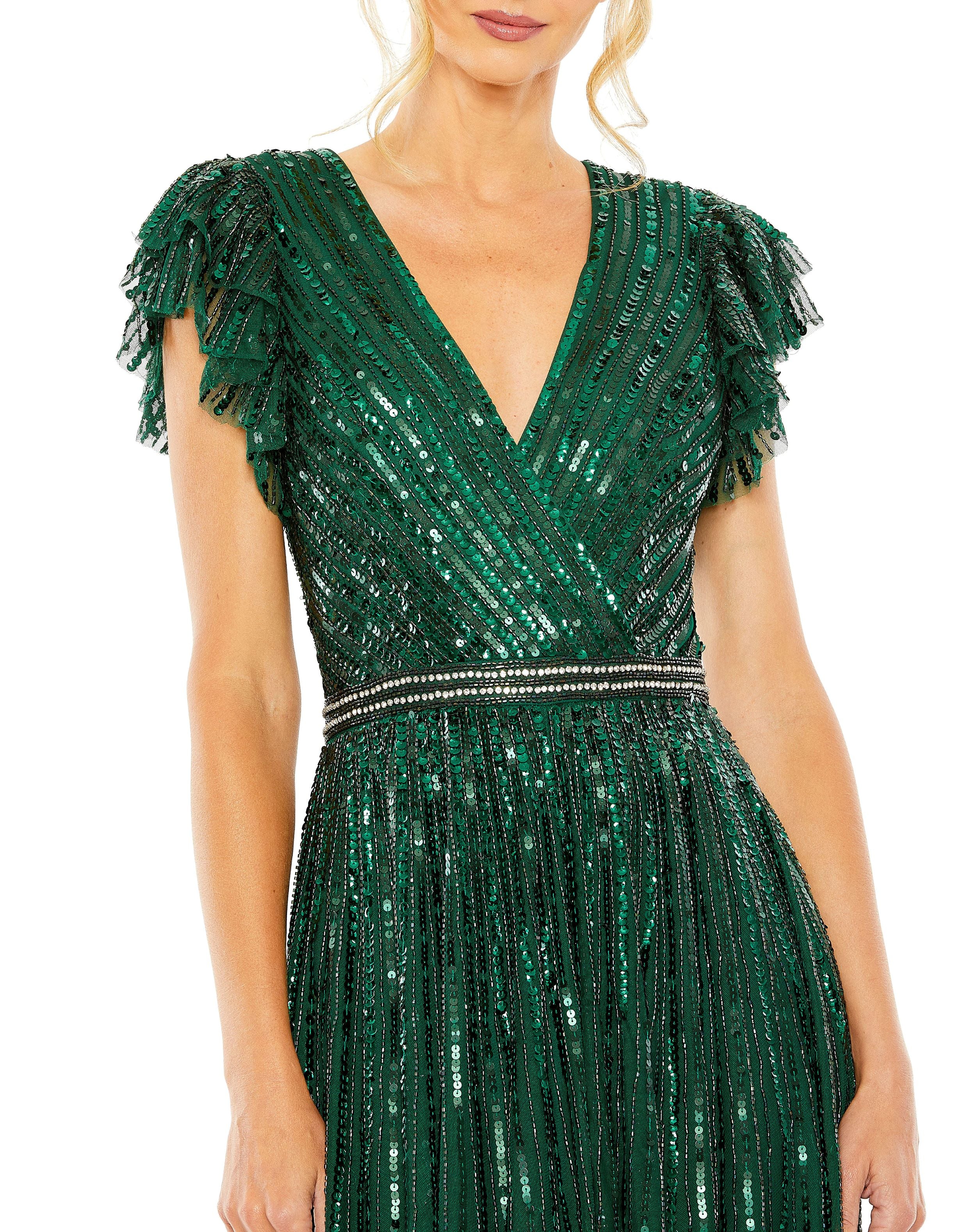 Sequined Wrap Over Ruffled Cap Sleeve Gown