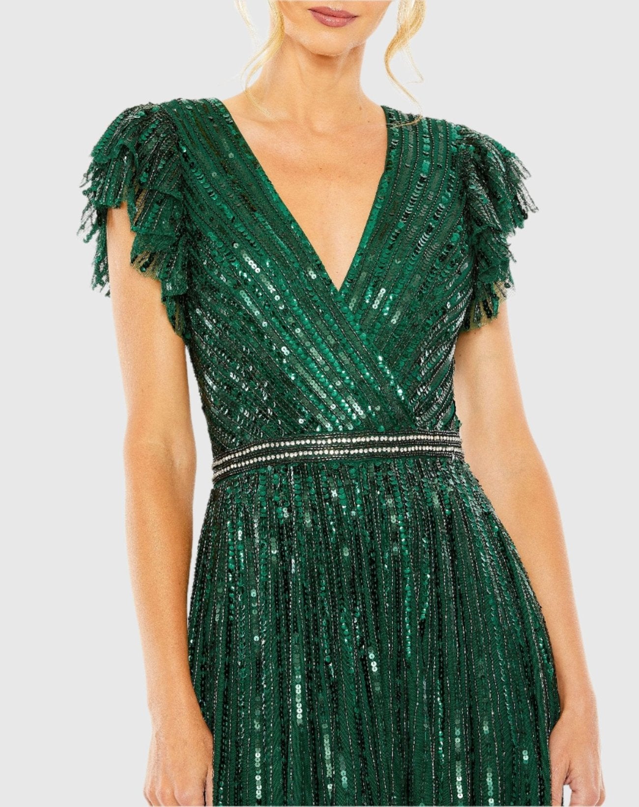 Sequined Wrap Over Ruffled Cap Sleeve Gown