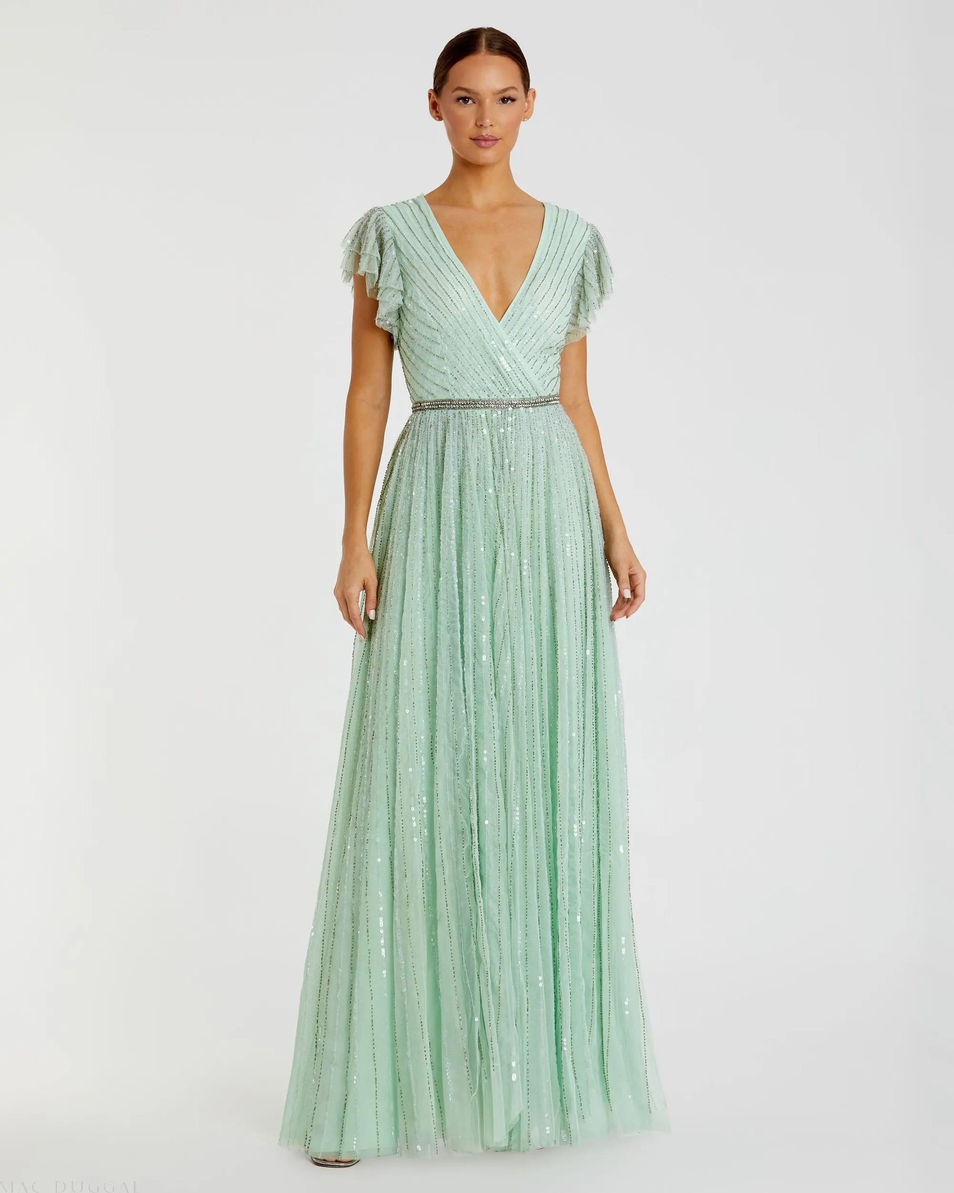 Green Sequined Wrap Over Ruffled Cap Sleeve Gown - Mac Duggal Green Sequined Wrap Over Ruffled Cap Sleeve Gown - Mac Duggal