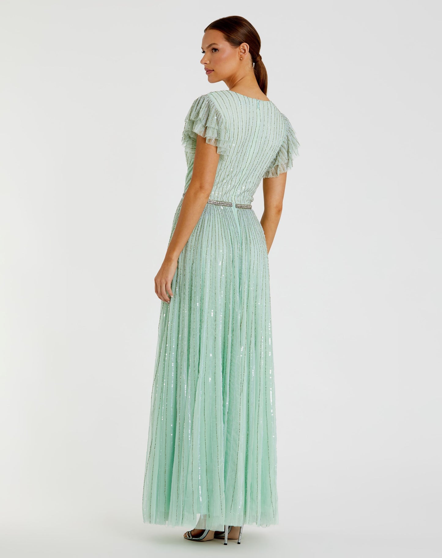 Sequined Wrap Over Ruffled Cap Sleeve Gown