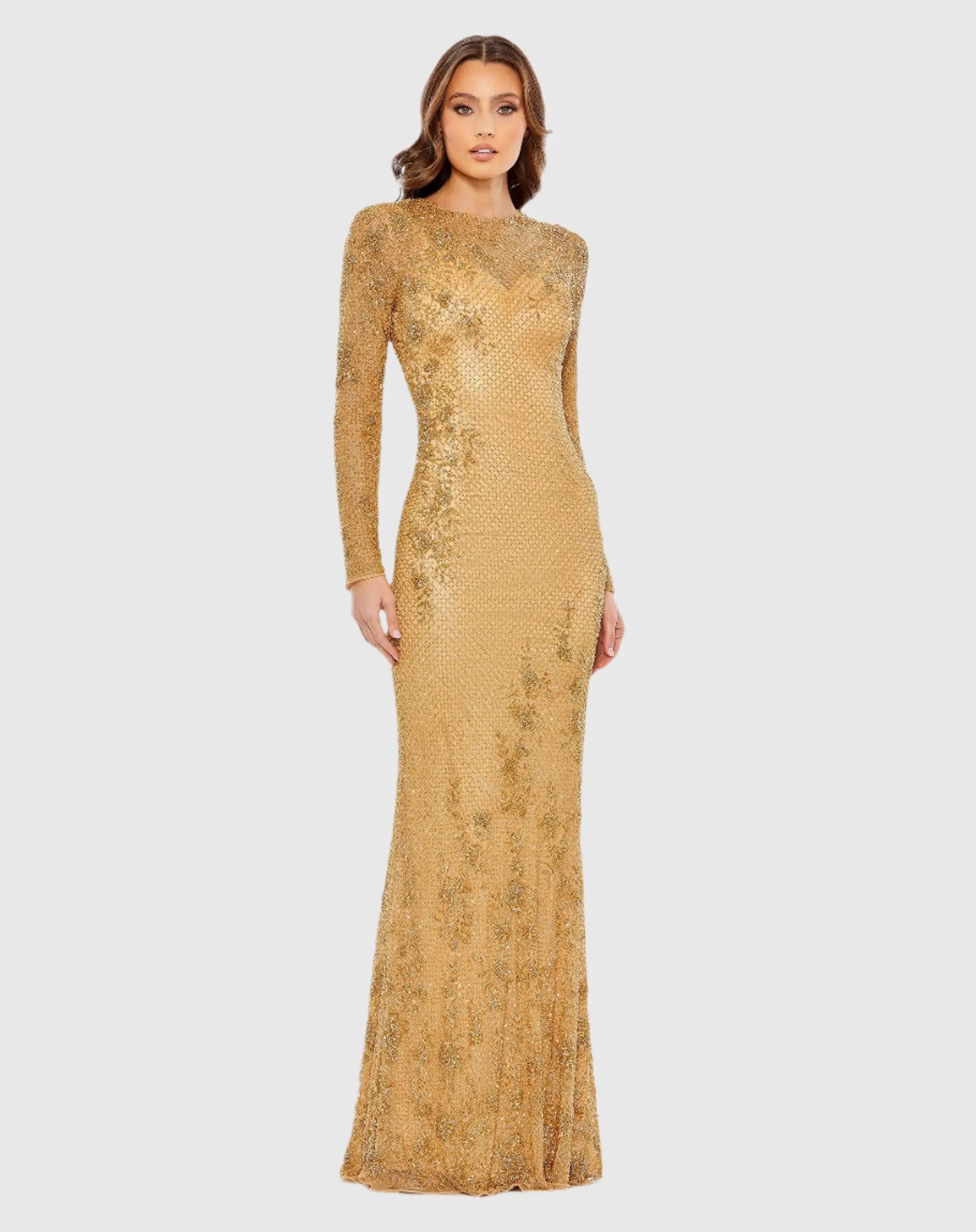 Gold Long Sleeve Embellished Gown - Mac Duggal