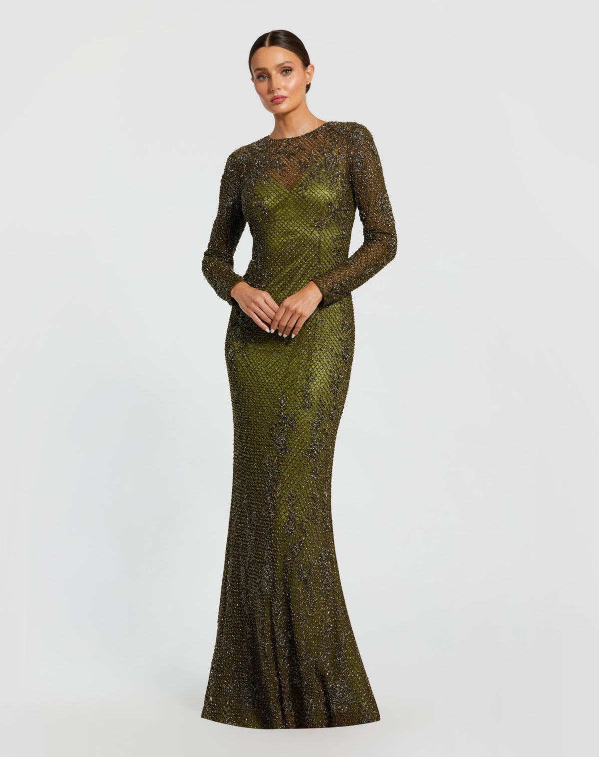 Olive High Neck Long Sleeve Beaded Column Gown - Mac Duggal