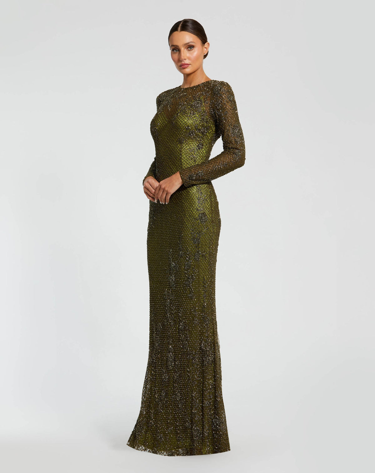 Olive High Neck Long Sleeve Beaded Column Gown - Mac Duggal