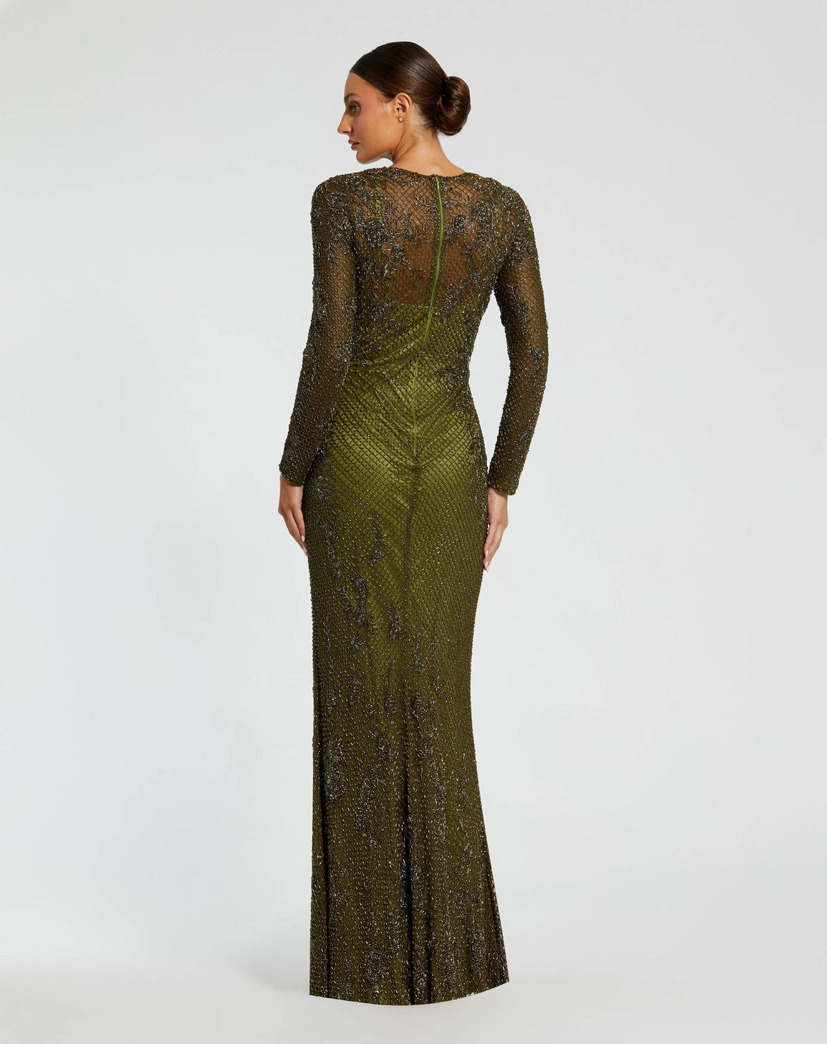 Olive High Neck Long Sleeve Beaded Column Gown - Mac Duggal