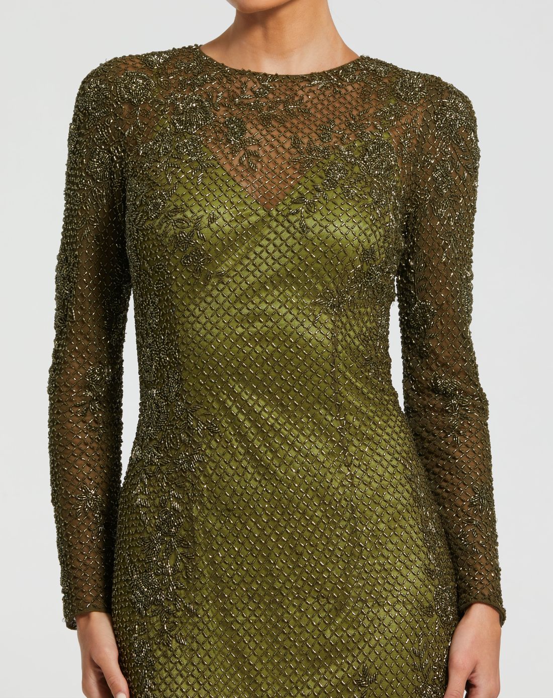 Olive High Neck Long Sleeve Beaded Column Gown - Mac Duggal
