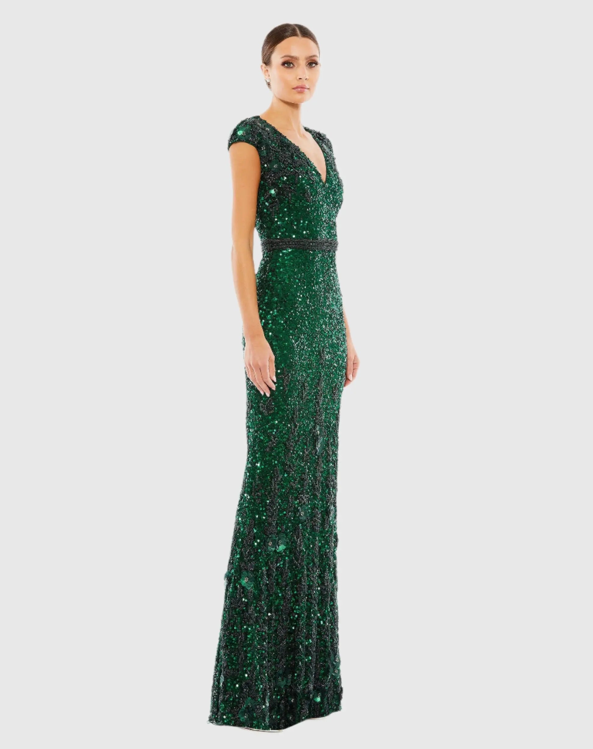 Green Embellished V Neck Cap Sleeve Sequin Gown - Mac Duggal