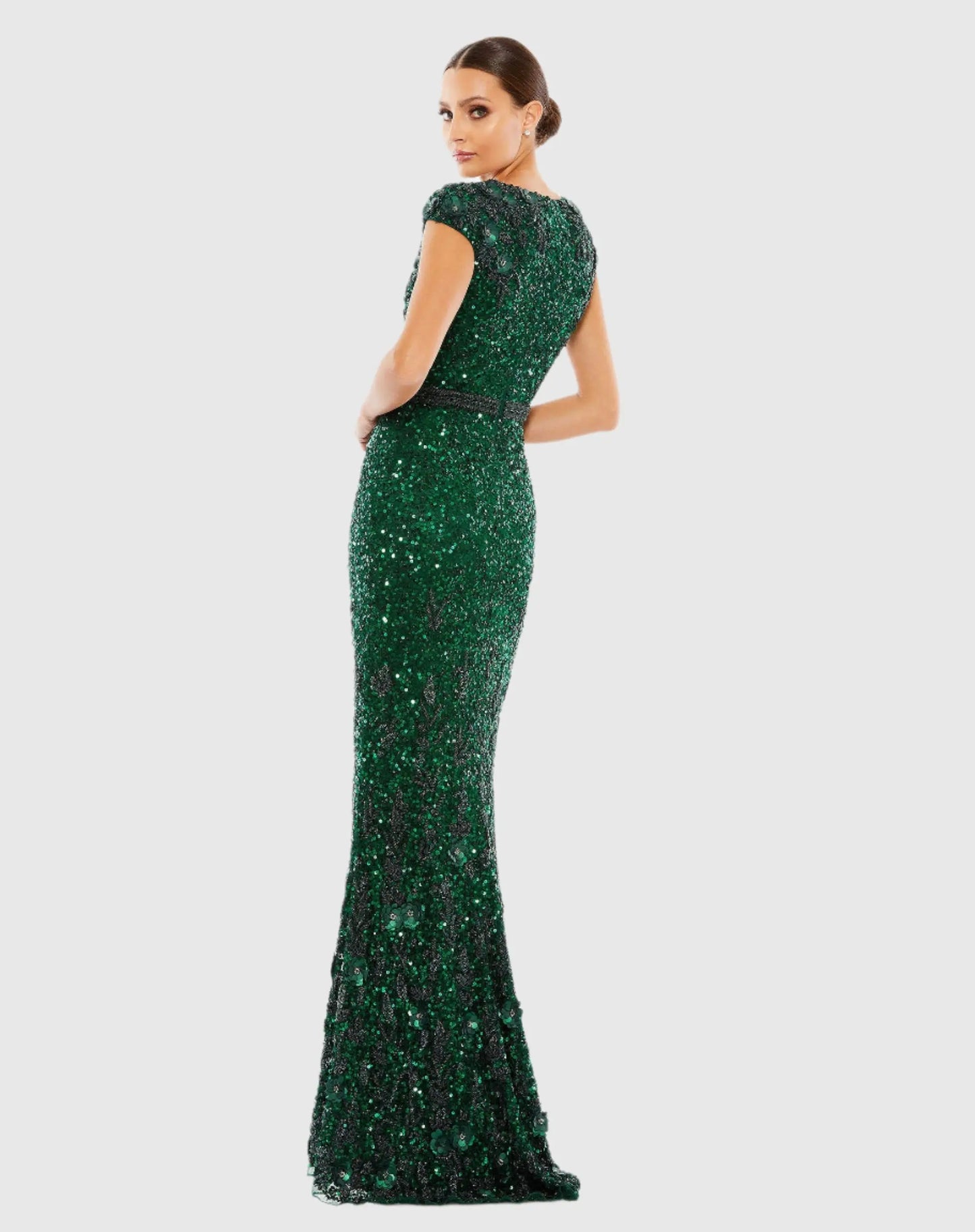 Green Embellished V Neck Cap Sleeve Sequin Gown - Mac Duggal