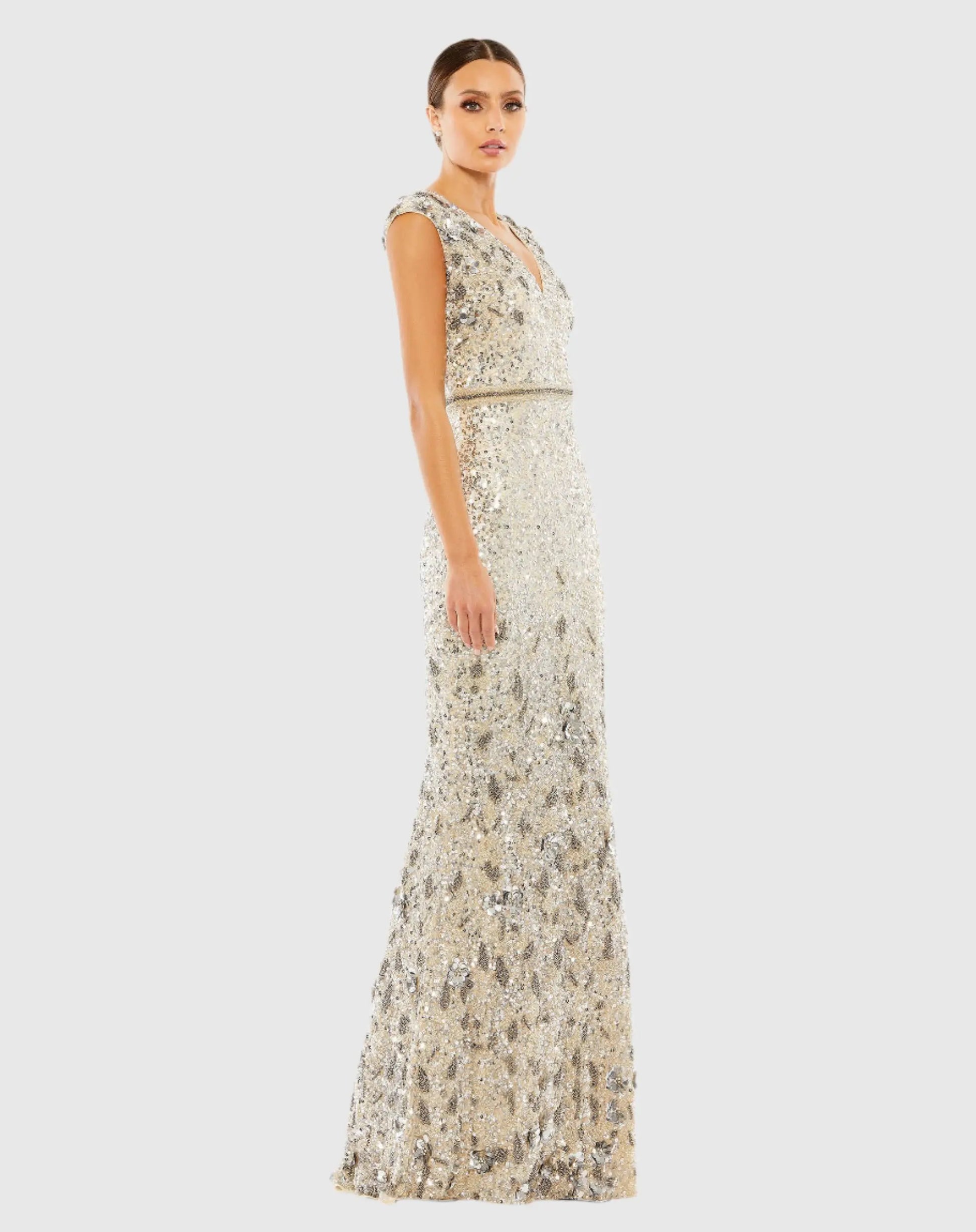 White and Silver Embellished V Neck Cap Sleeve Sequin Gown - Mac Duggal