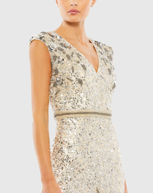 Embellished V Neck Cap Sleeve Sequin Gown