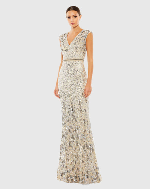 White and Silver Embellished V Neck Cap Sleeve Sequin Gown