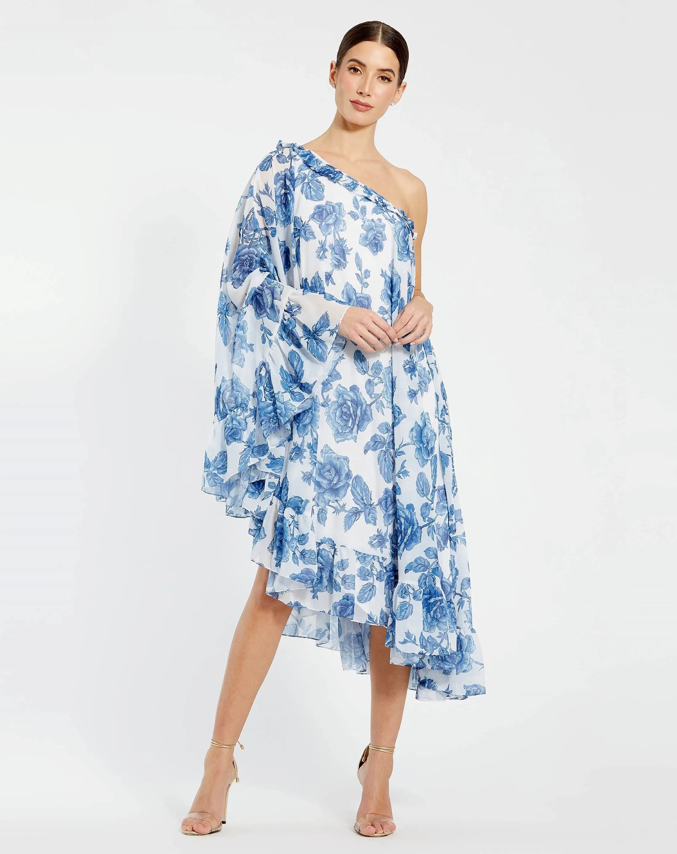 White and Blue Floral Print One Shoulder Cape Dress - Ieena for Mac Duggal