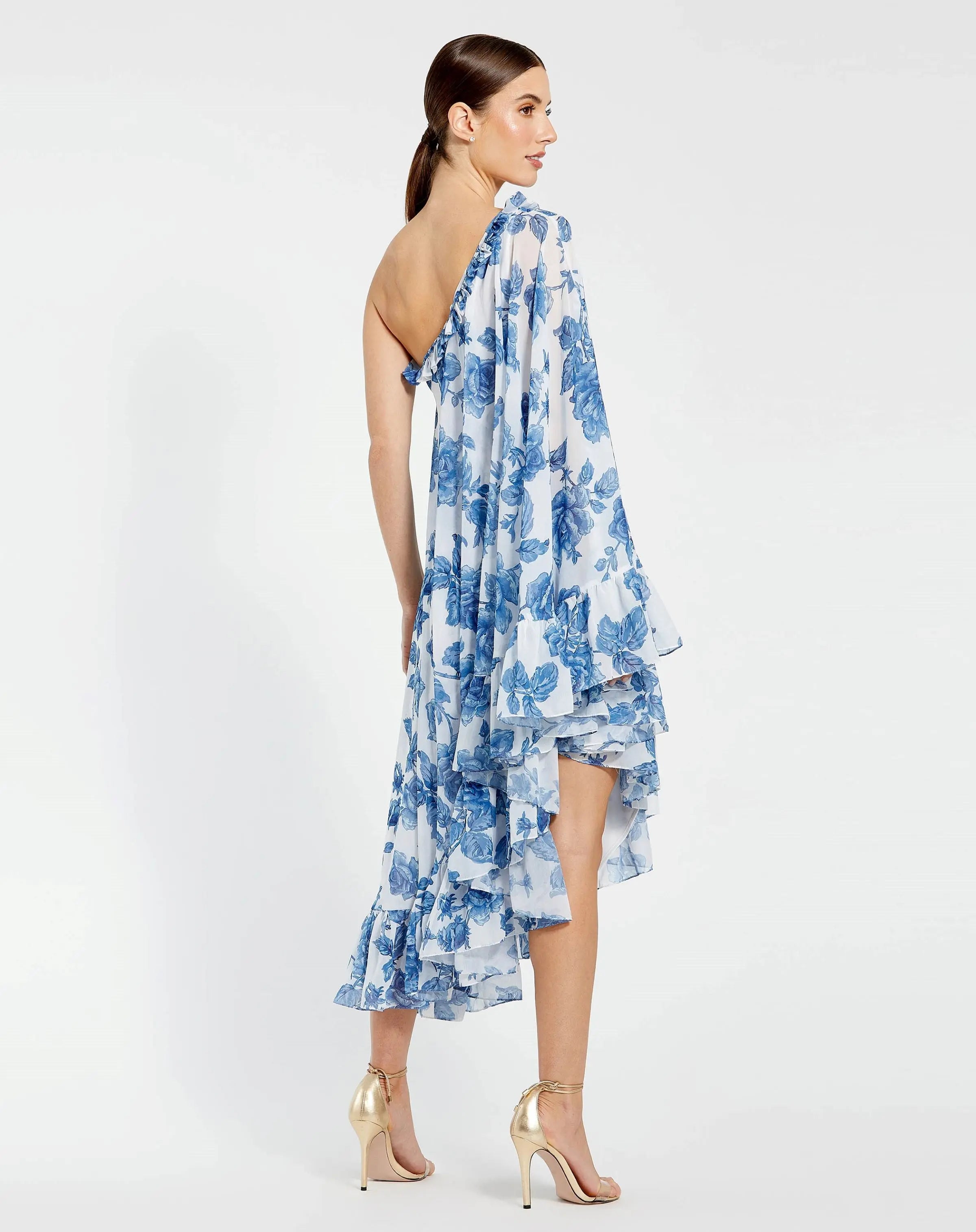 White and Blue Floral Print One Shoulder Cape Dress - Ieena for Mac Duggal