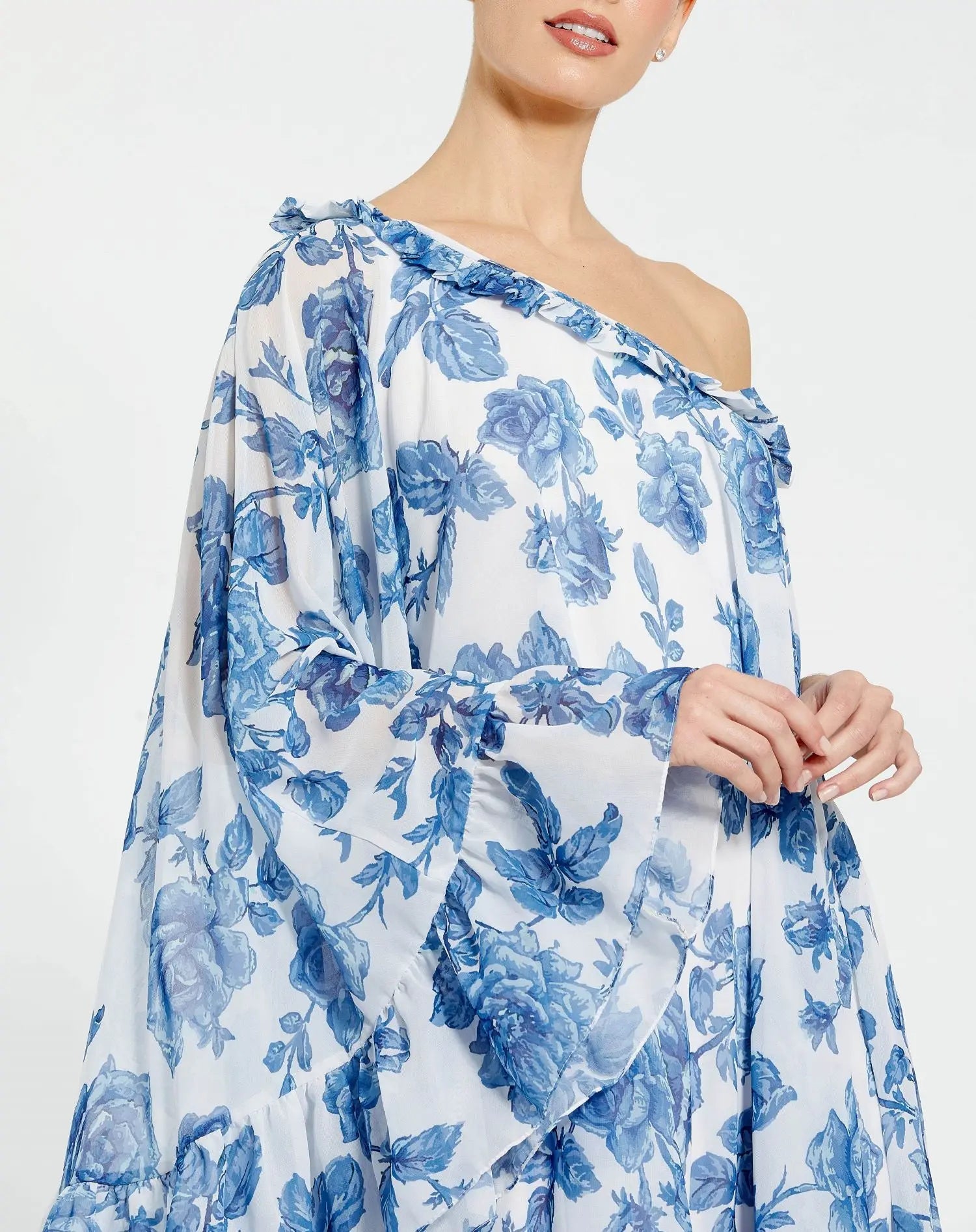 Floral Print One Shoulder Cape Dress - Mac Duggal White Multi / US 12 Floral Print One Shoulder Cape Dress - Mac Duggal White Multi / US 12